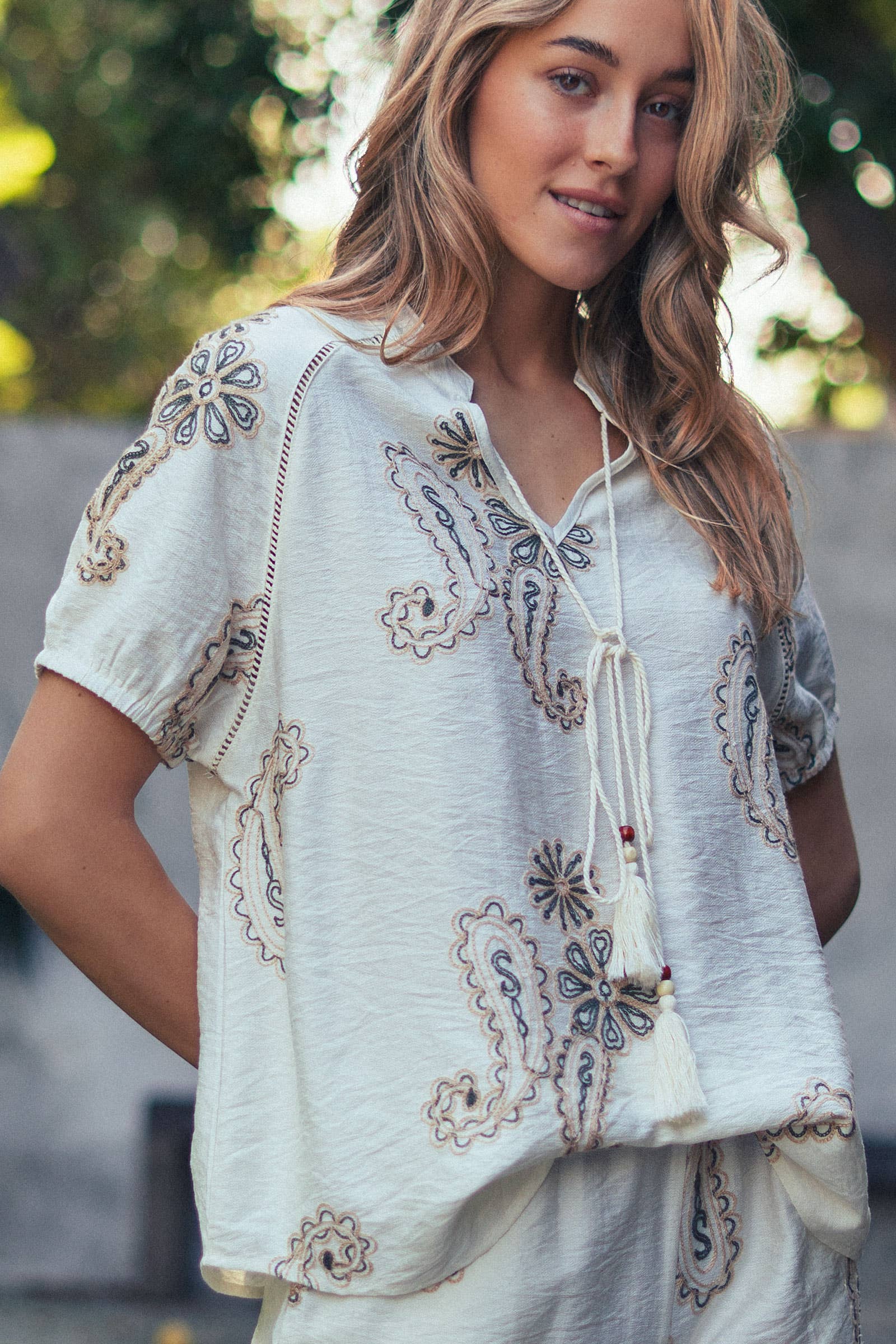 Paisley Embroidered Linen Blend Tassel Top