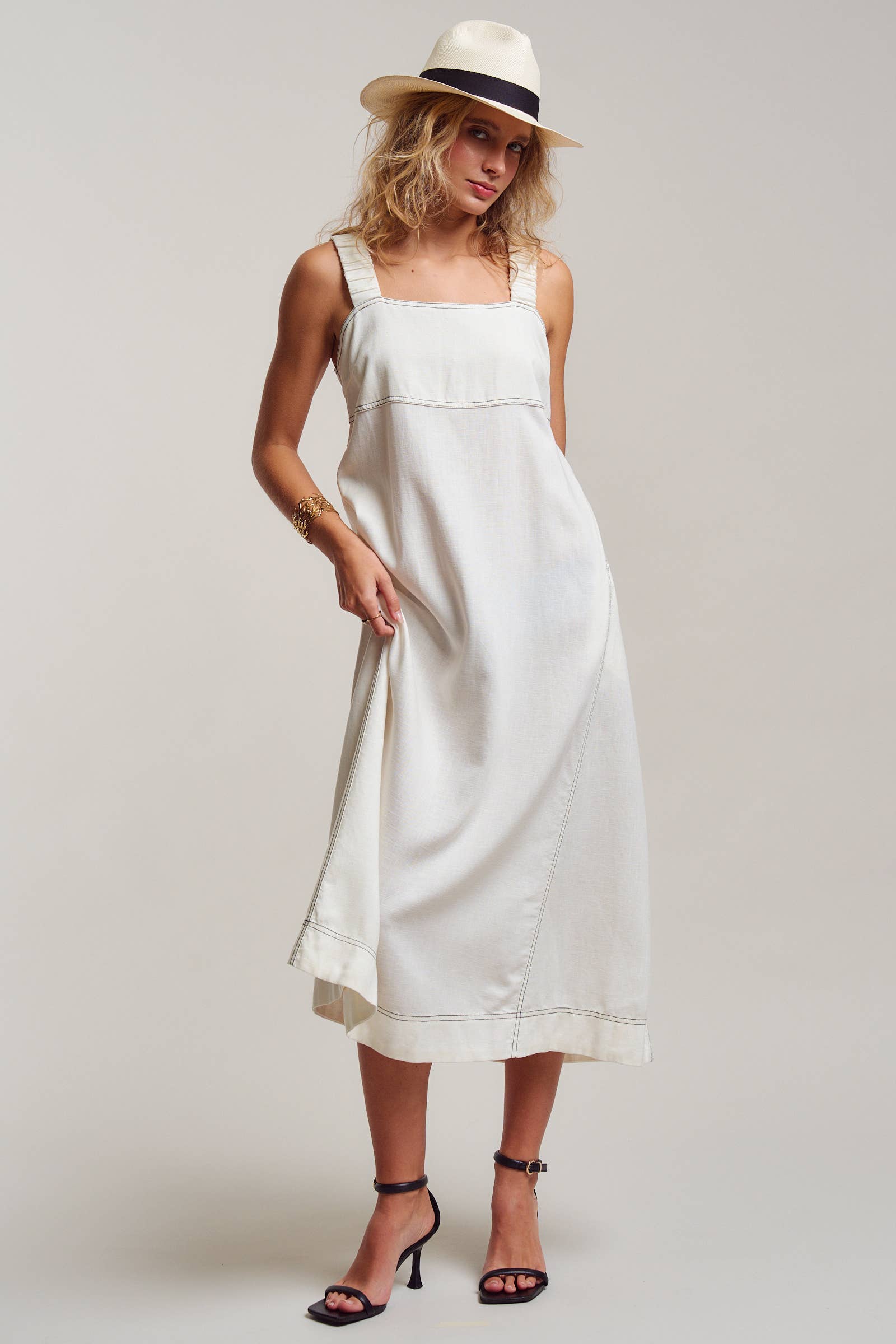Contrast Stitch Square Neck Tencel Linen Midi Dress