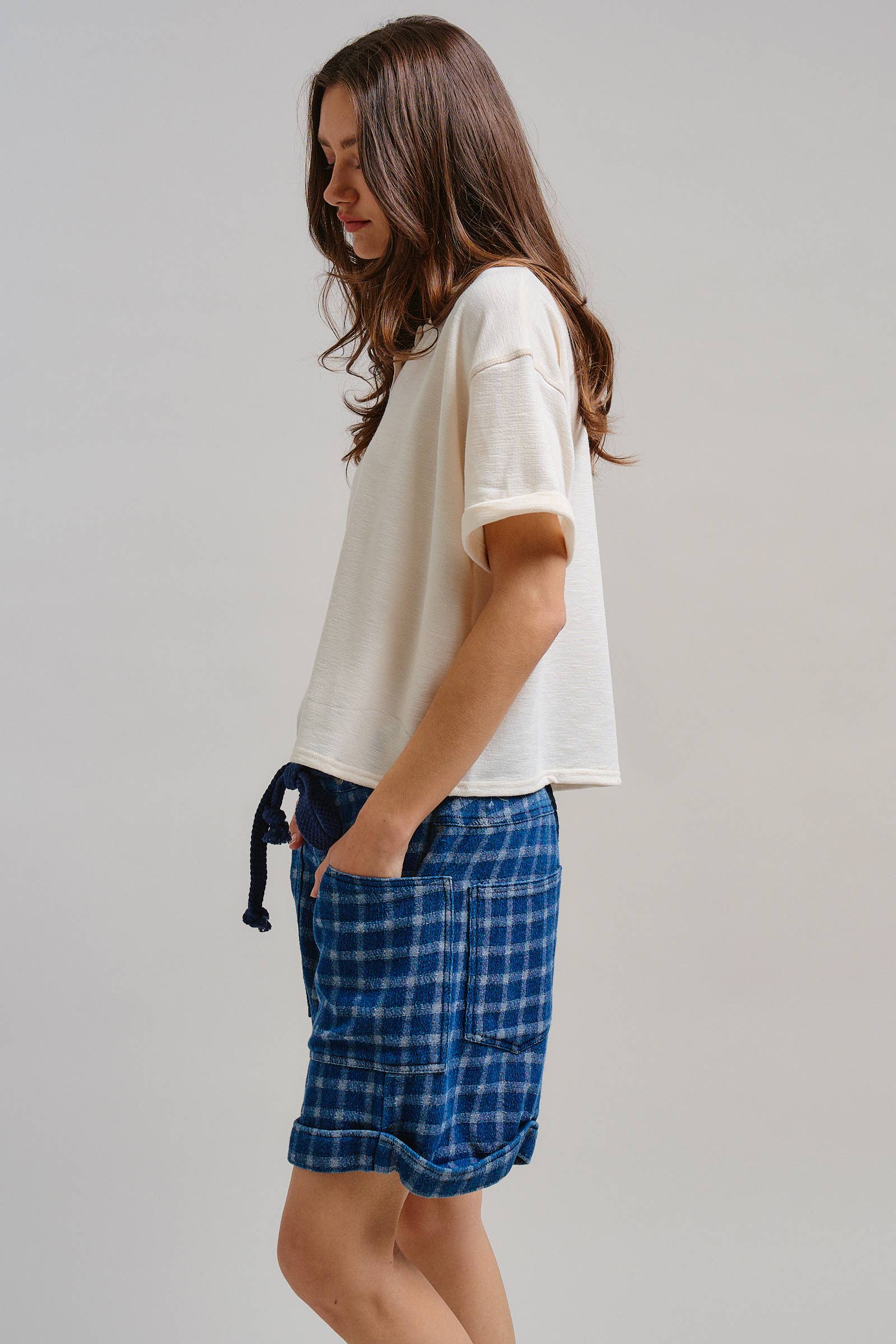 Plaid Cotton Blend Shorts Rope Drawstring