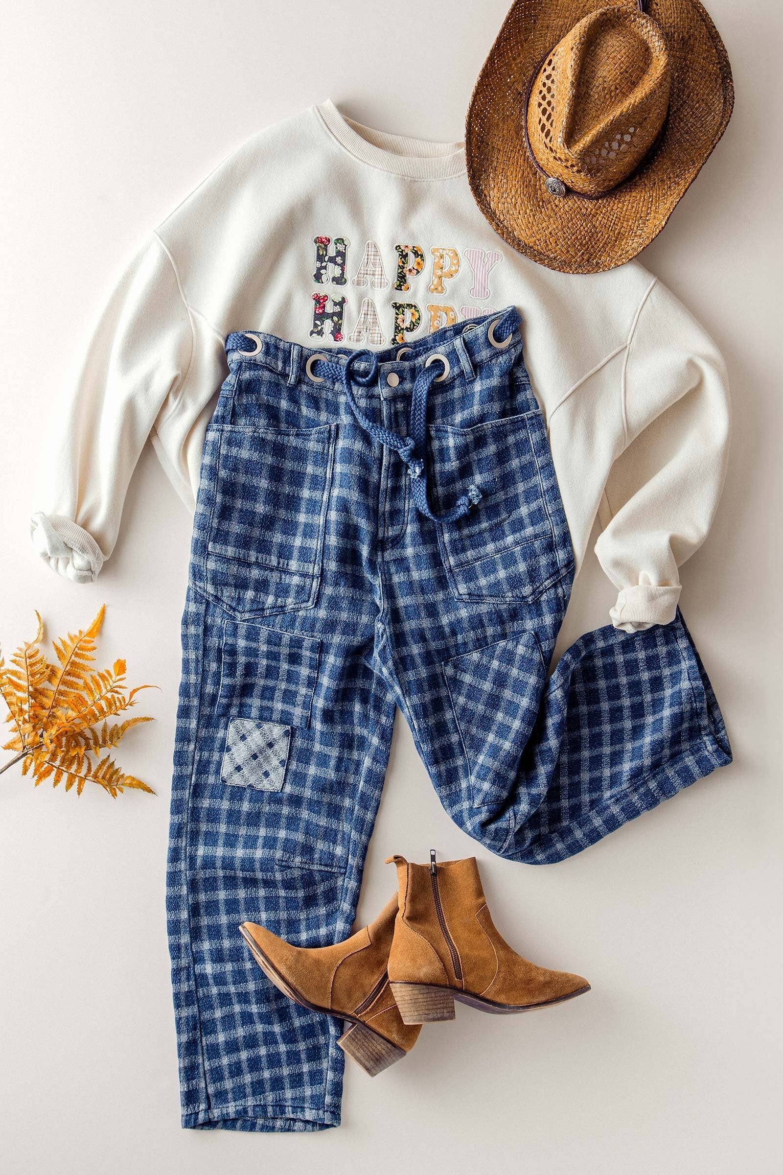 Checkered Vintage Wash Denim Pants