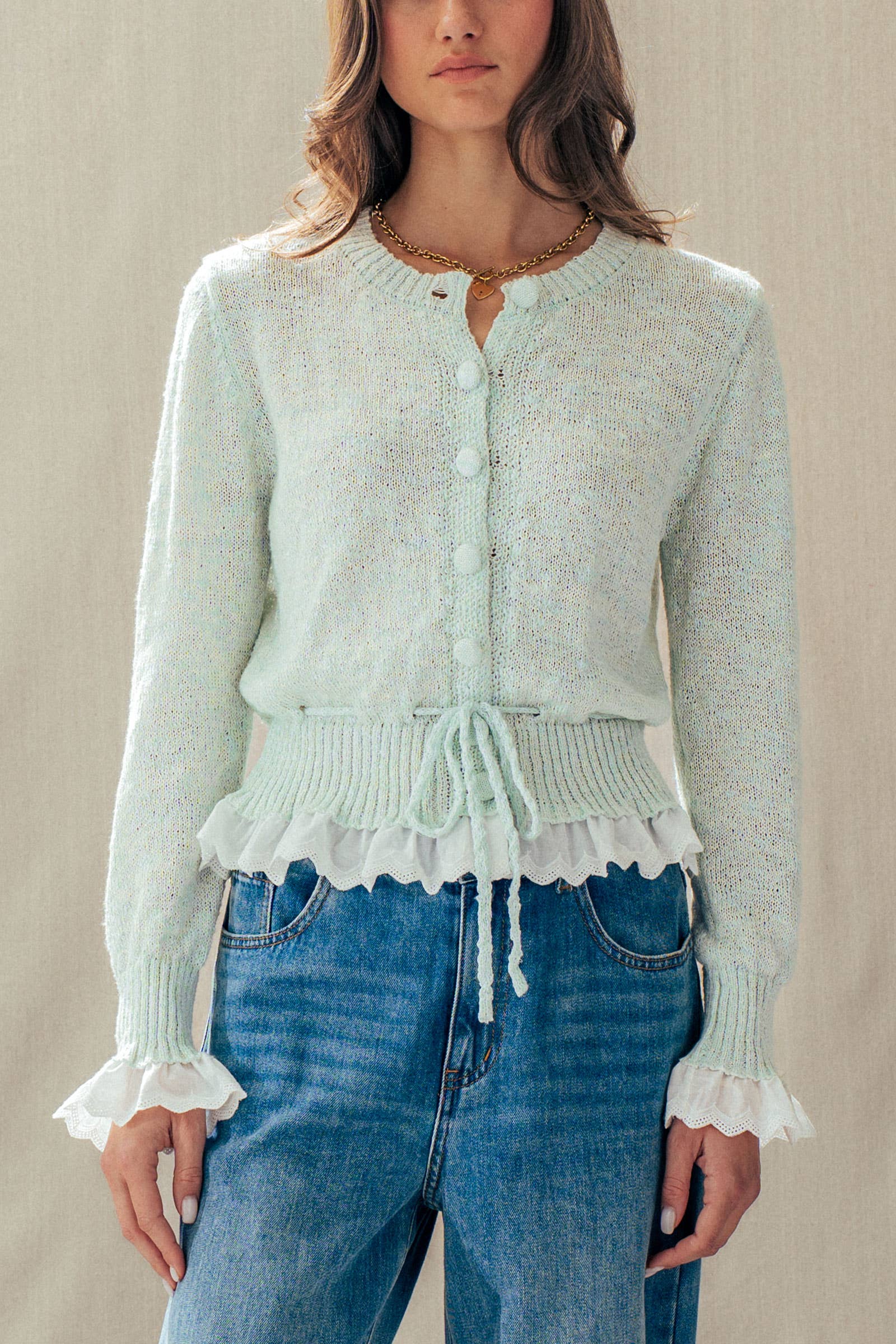 Eyelet Trim Peplum Drawstring Cardigan