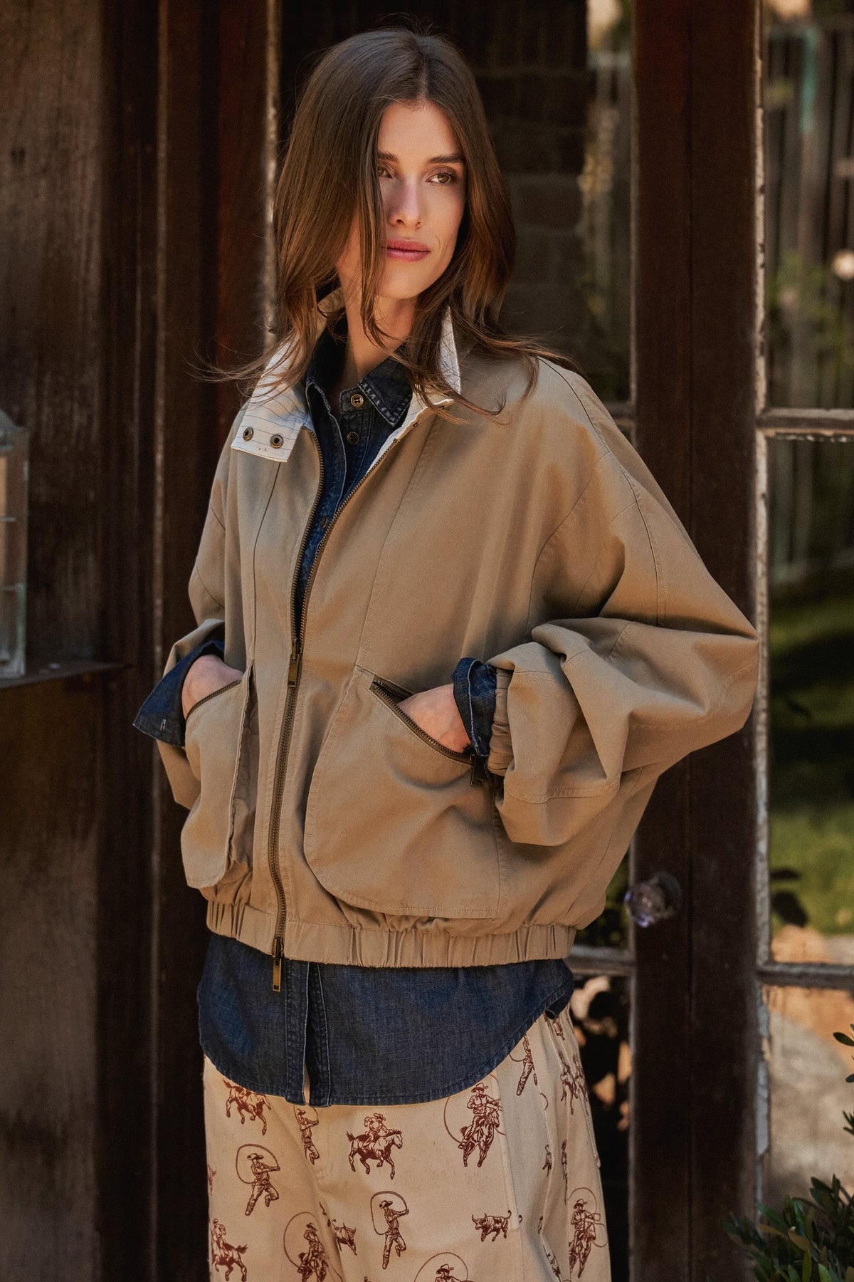 Cropped Zip Bomber Jacket in KHAKI - Women's Jackets & Blazers | Urban Daizy
