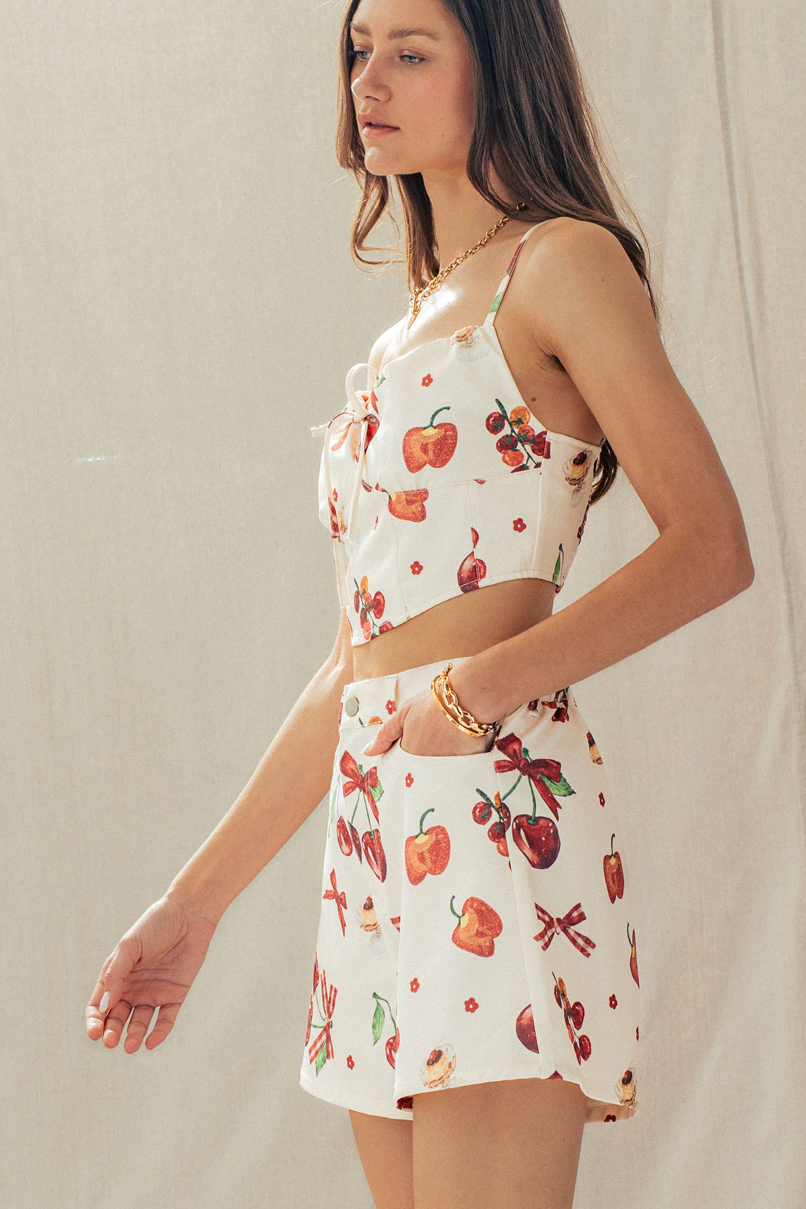 Urban Daizy Cherry & Bow Print Cotton Two-Piece Set Ivory-Multi Top & Short Set (NOT Loungewear) - Women's (UDZ-AC-00237) – alternate view 5