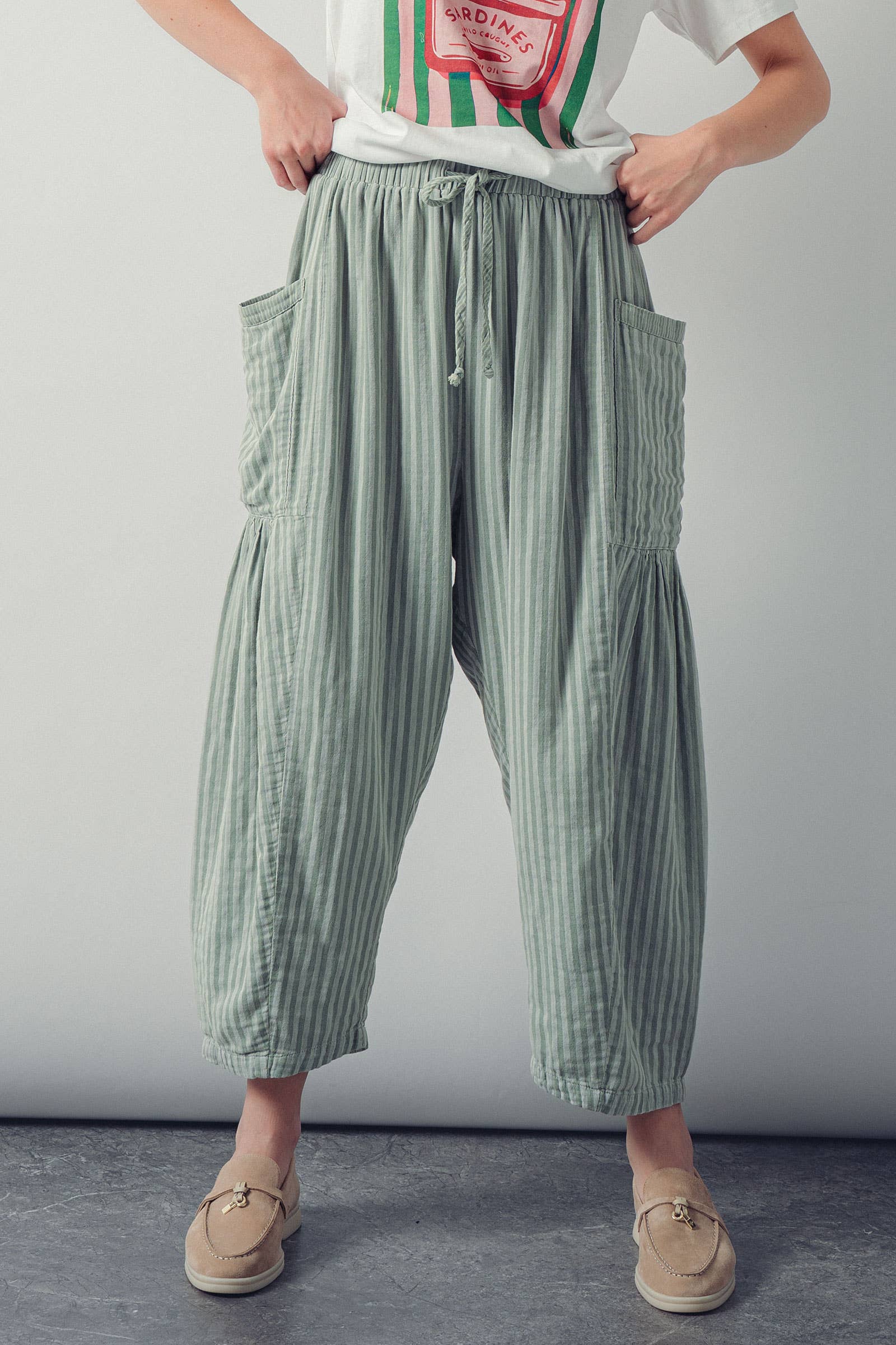 Striped Cotton Drawstring Harem Pants