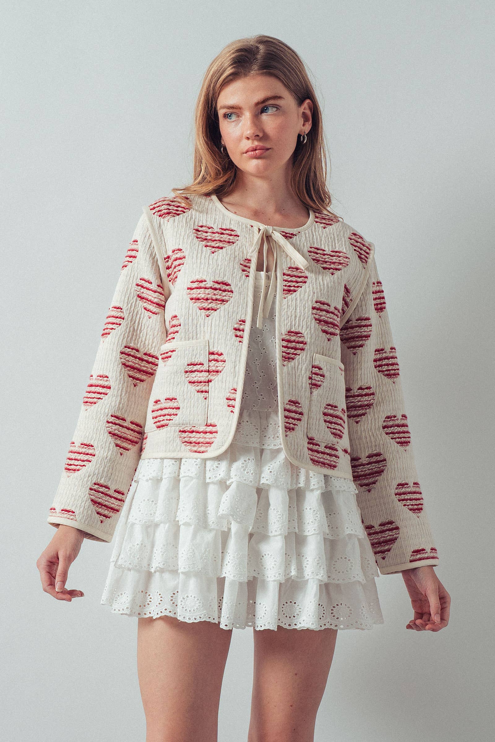 Urban Daizy Textured Woven Heart Tie-Front Quilted Jacket White-Red Jacket - Women's (UDZ-DR-00392)