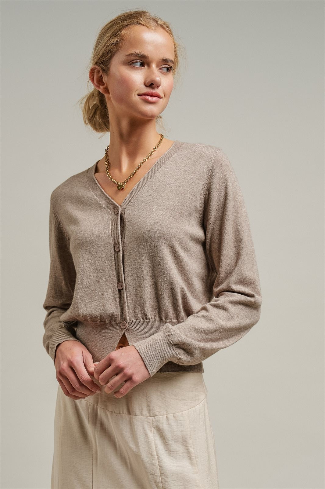 Soft V-Neck Button Knit Cardigan in H MOCHA - Women's Cardigans & Shrugs | Urban Daizy
