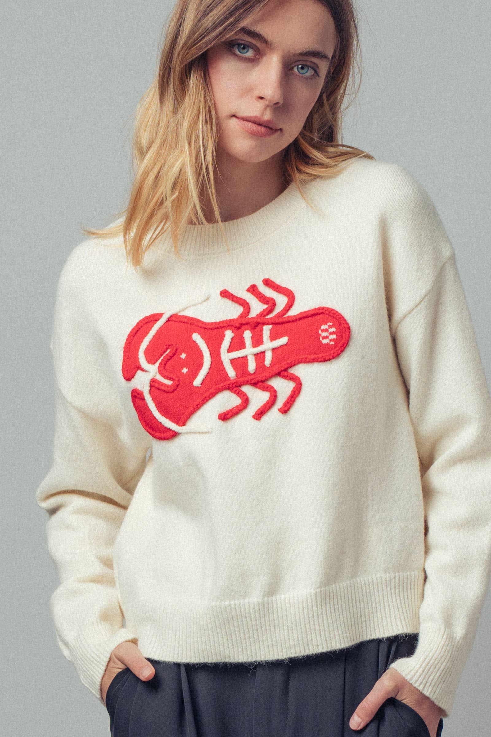 Urban Daizy Embroidered Red Lobster Nautical Statement Sweater Ivory Knit Sweater - Women's (UDZ-KN-00600) – alternate view 2