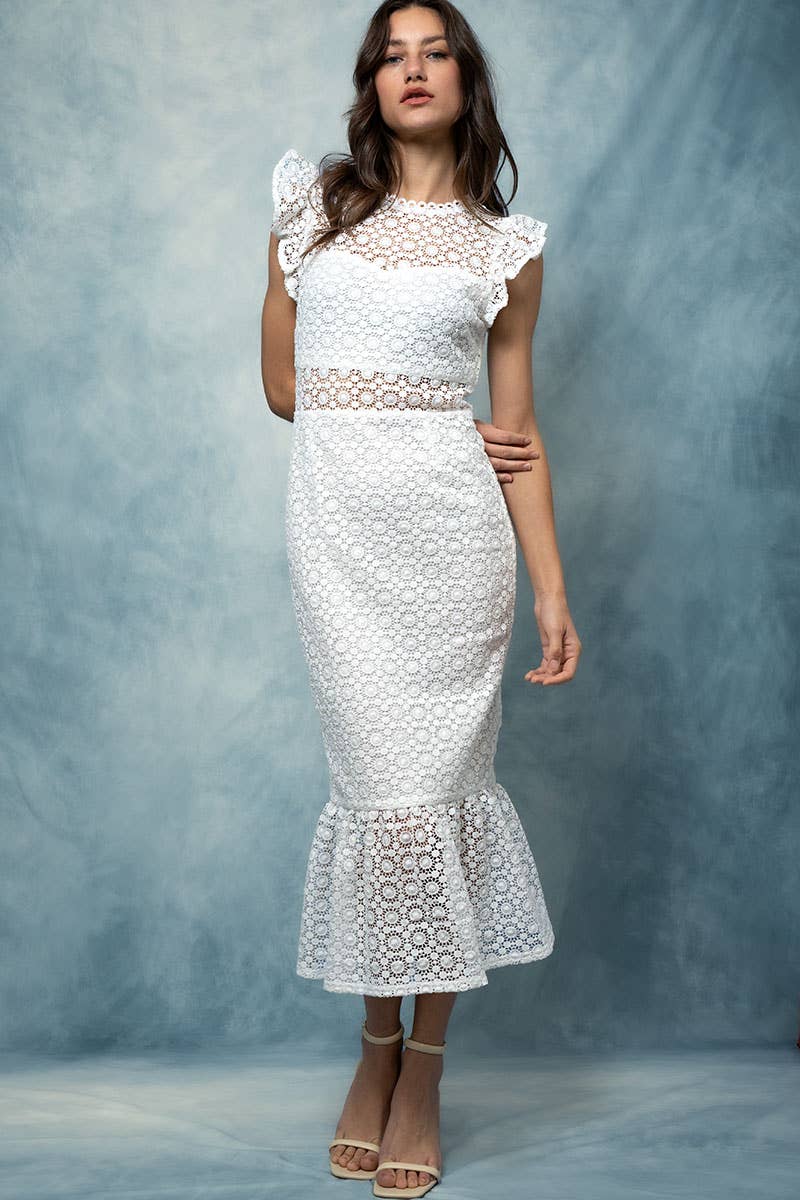 Urban Daizy White Lace Scalloped Ruffle-Sleeve Midi Dress White Dress - Women's (UDZ-DR-00345) – alternate view 2