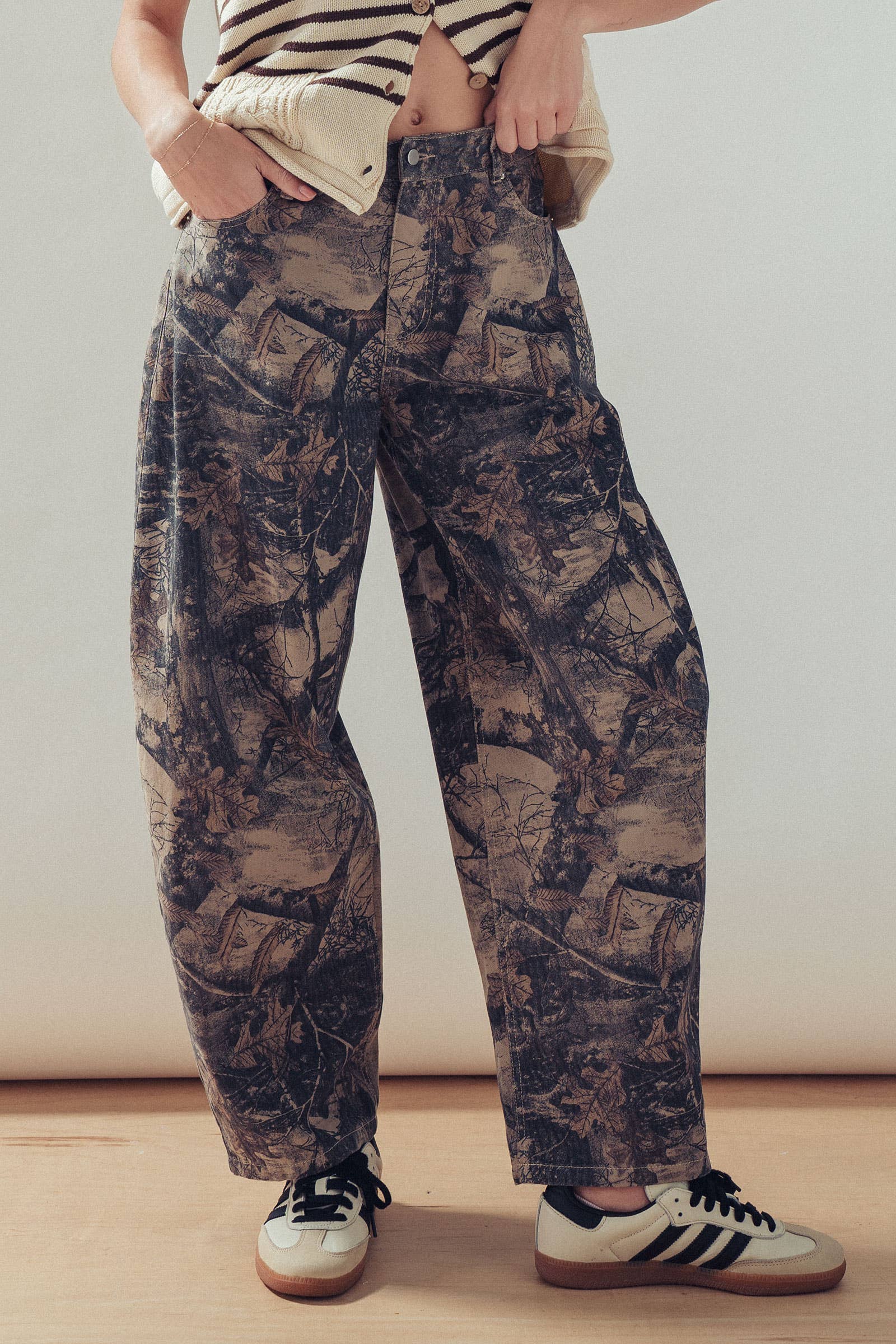 Forest Camo Print Barrel Leg Jeans