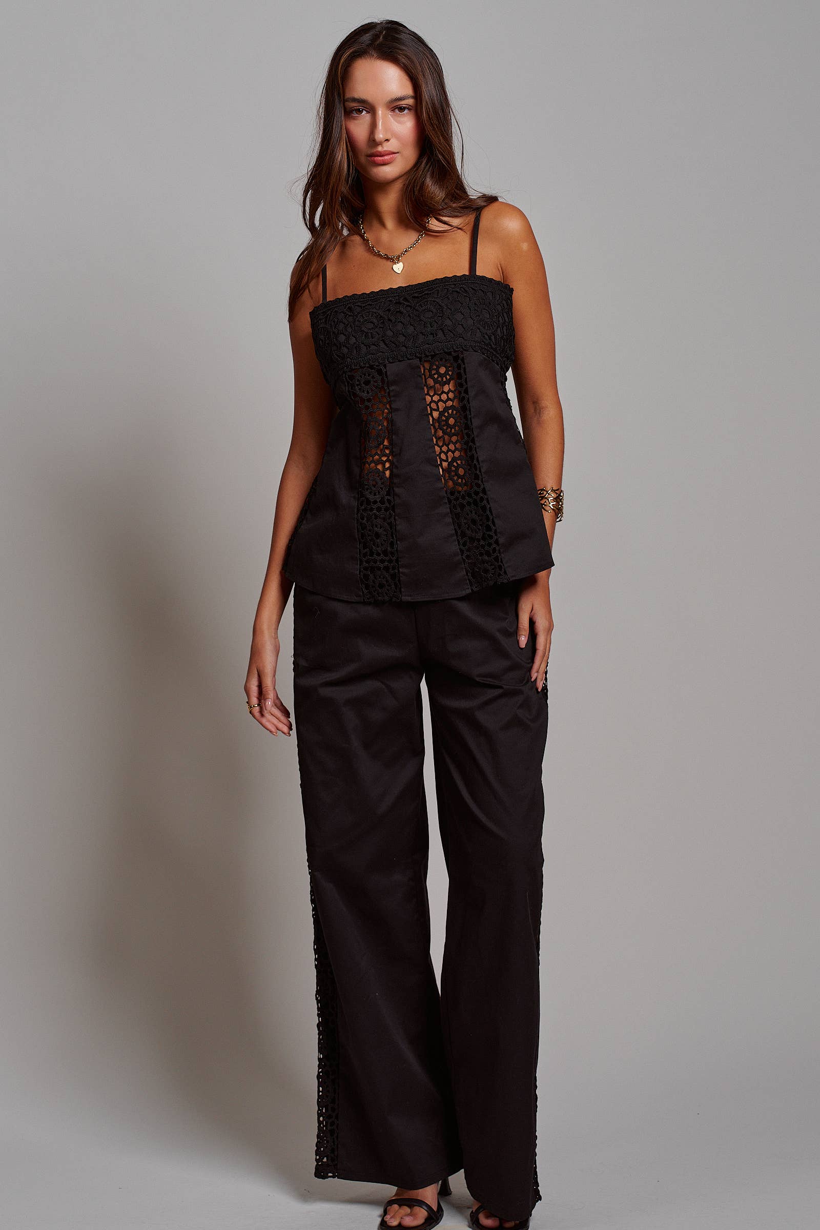 Cotton Eyelet Two-Piece Set Peplum Cami & Pants