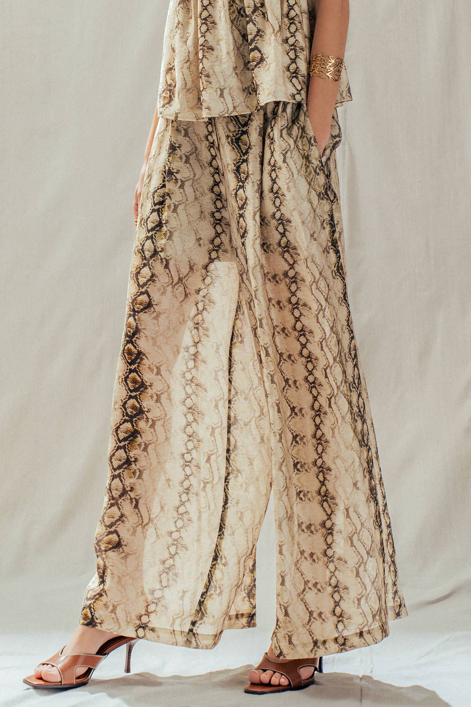 Snake Print Wide Leg Pants Linen Blend