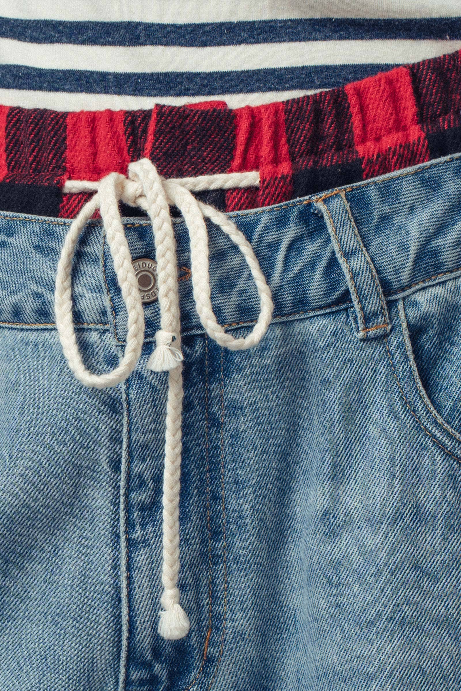 Flannel Waistband Contrast Drawstring Denim Pants