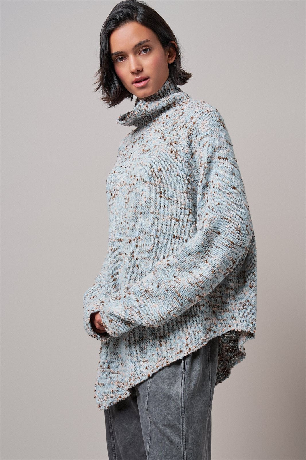Chunky Knit Mock Neck Oversized Poncho Sweater in BLUE - Women's Sweaters | Urban Daizy