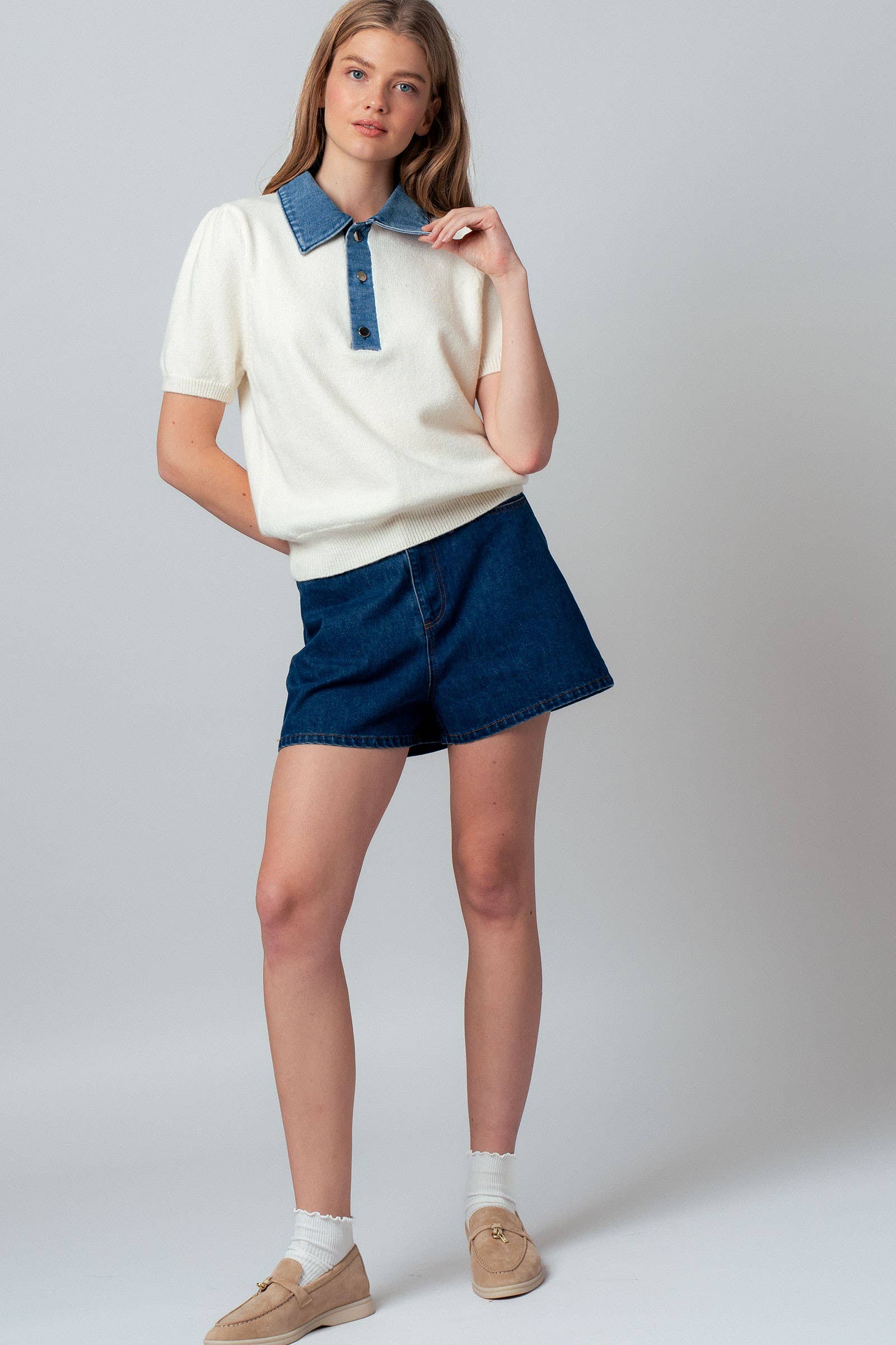 Contrast Denim Collar Knit Sweater Top