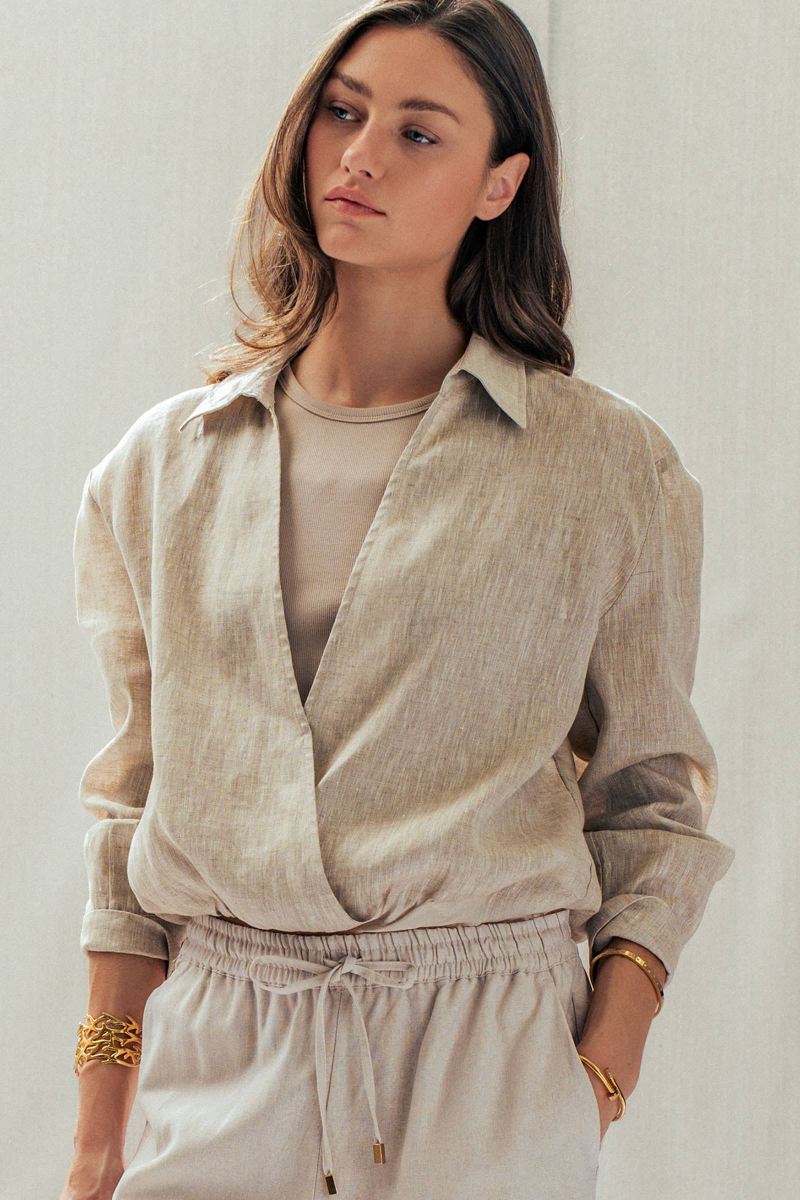 Collared Linen Wrap Crop Top with Built In Tank