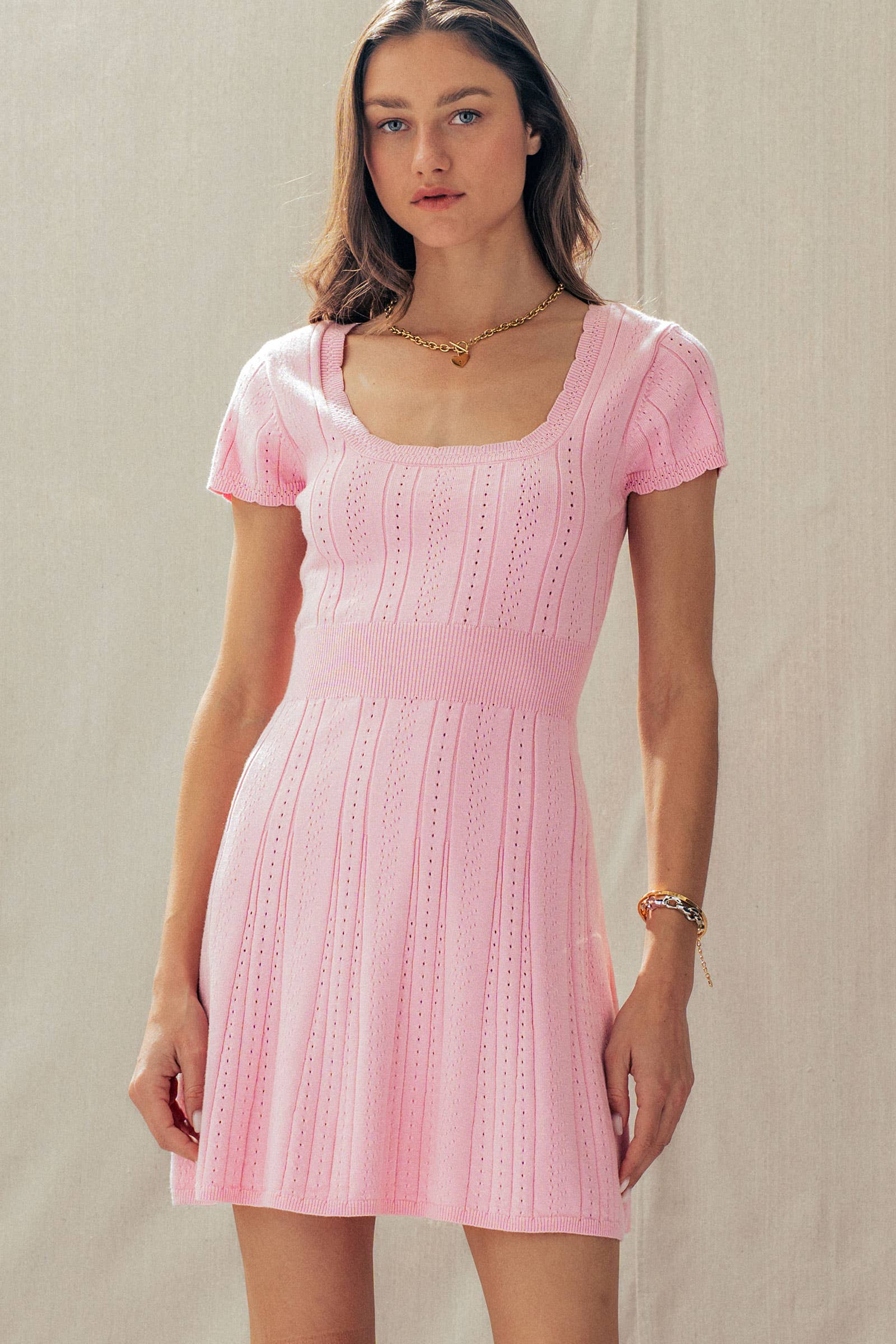 Pointelle Knit Square Neck Mini Dress