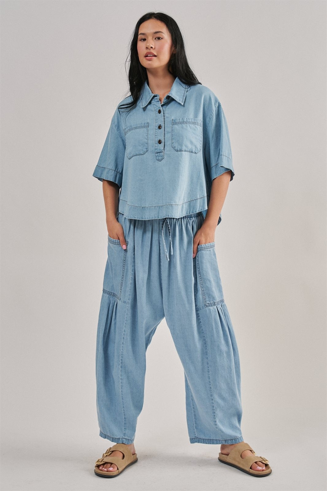 Washed Utility Half-Placket Cropped Shirt in CHAMBRAY - Women's Shirts & Blouses | Urban Daizy