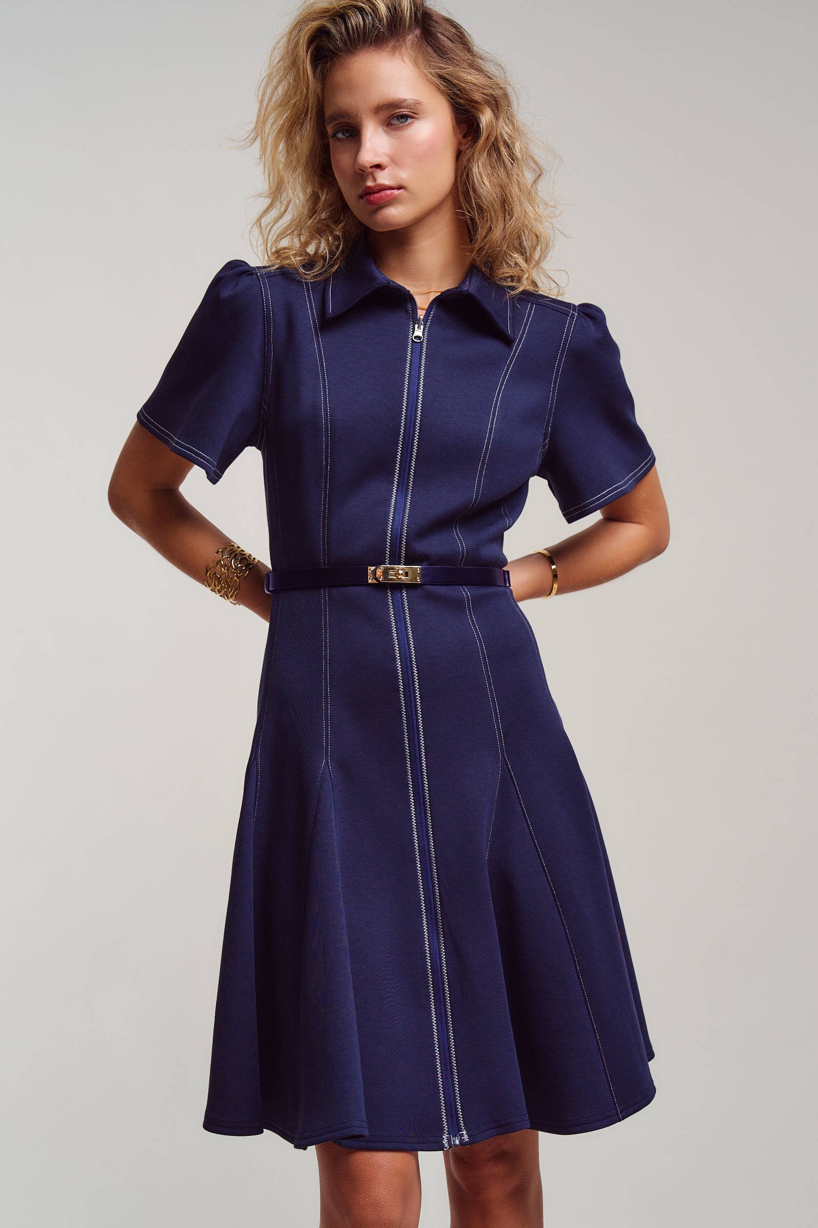 Contrast Stitch Zip Front Knit Mini Dress Belted