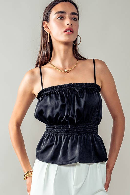 Urban Daizy Silky Gathered Waist Spaghetti Strap Summer Top Black Blouse - Women's (UDZ-TP-00542) – alternate view 3