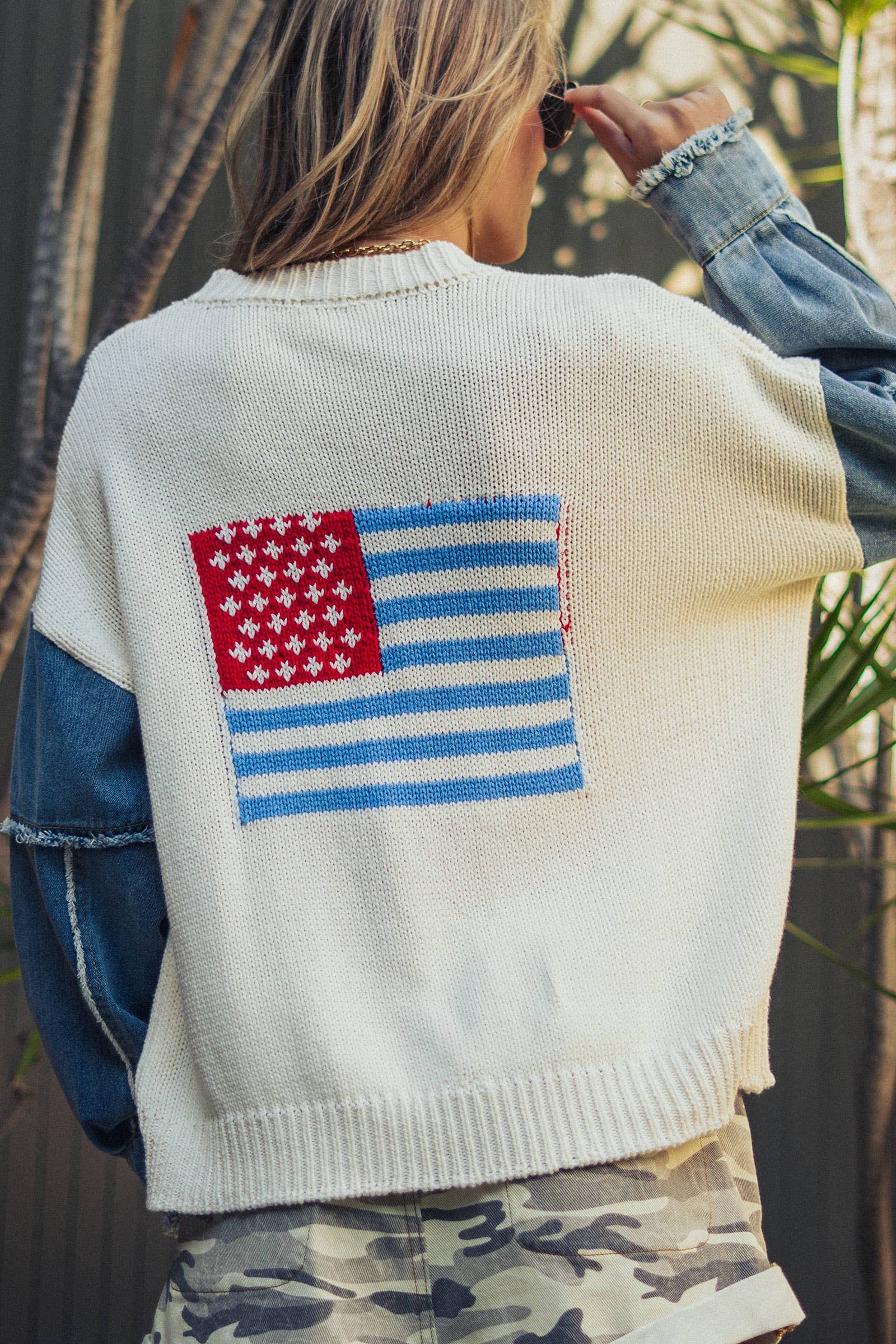 Urban Daizy Mixed Media Flag Denim Sleeve Cardigan Ivory Cardigan - Women's (UDZ-KN-01043) – alternate view 7