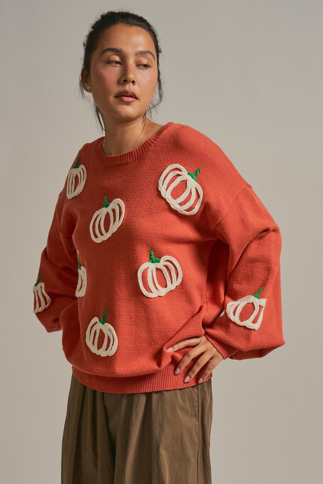Pumpkin Embroidered Crew Neck Sweater in RUST - Women's Sweaters | Urban Daizy