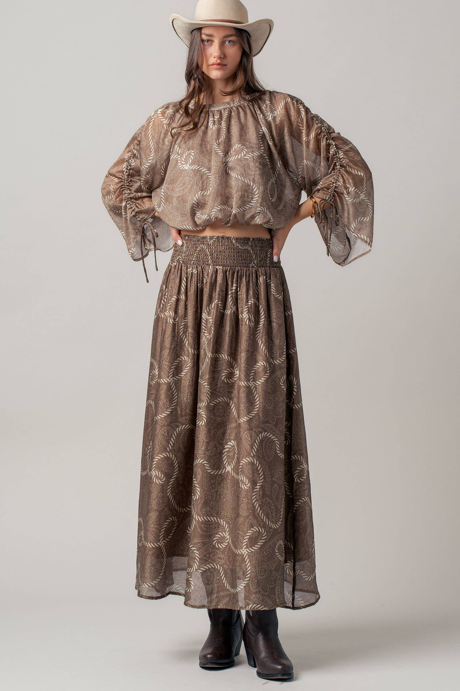 Rope Print Smocked Waist Maxi Skirt Linen Silk