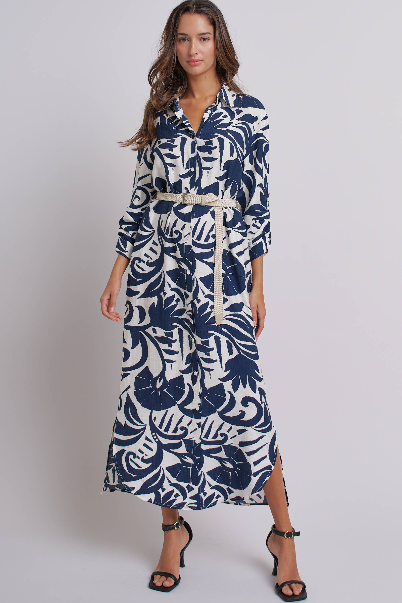 Abstract Floral Belted Button Down Shirt Dress