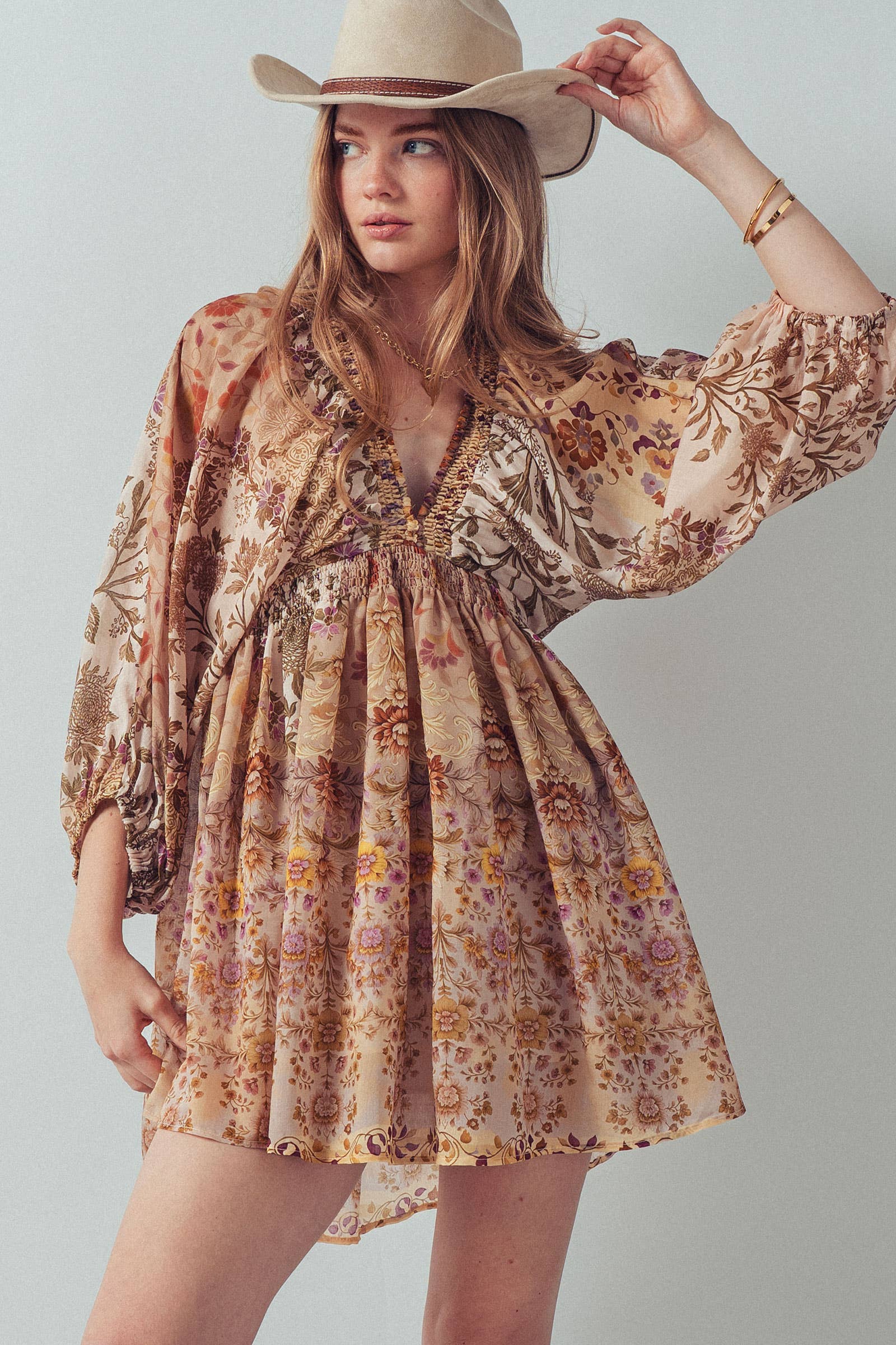 Urban Daizy Mixed-Print Boho Smocked Waist Mini Dress Taupe-Multi Dress - Women's (UDZ-DR-00478) – alternate view 5