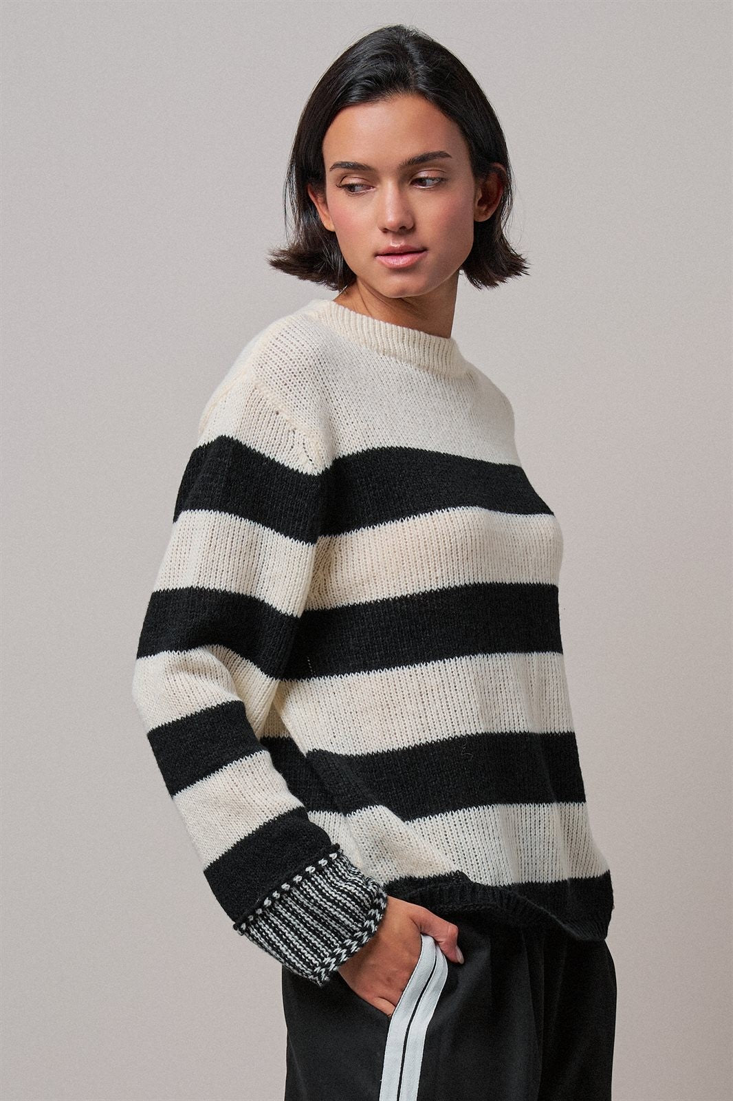 Striped Oversized Chunky Knit Sweater in BLACK - Women's Sweaters | Urban Daizy