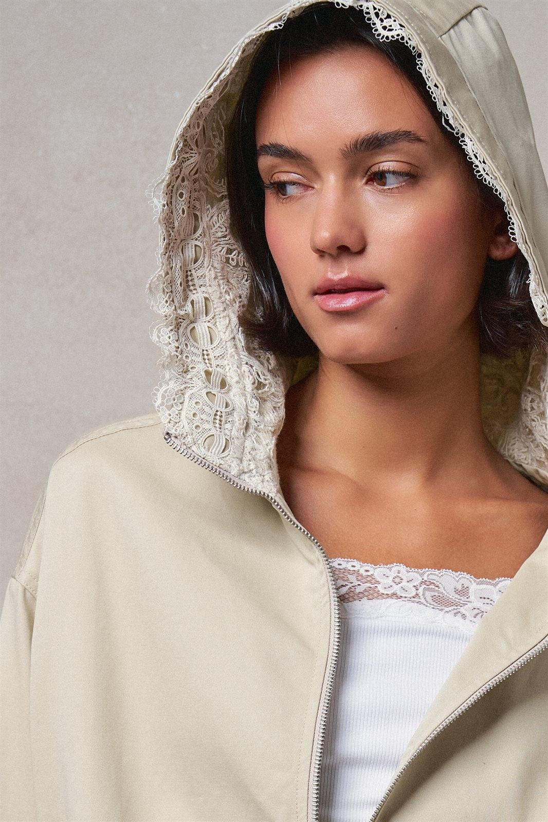 Oversized Hooded Zip-Front Cotton Jacket in KHAKI - Women's Jackets & Blazers | Urban Daizy