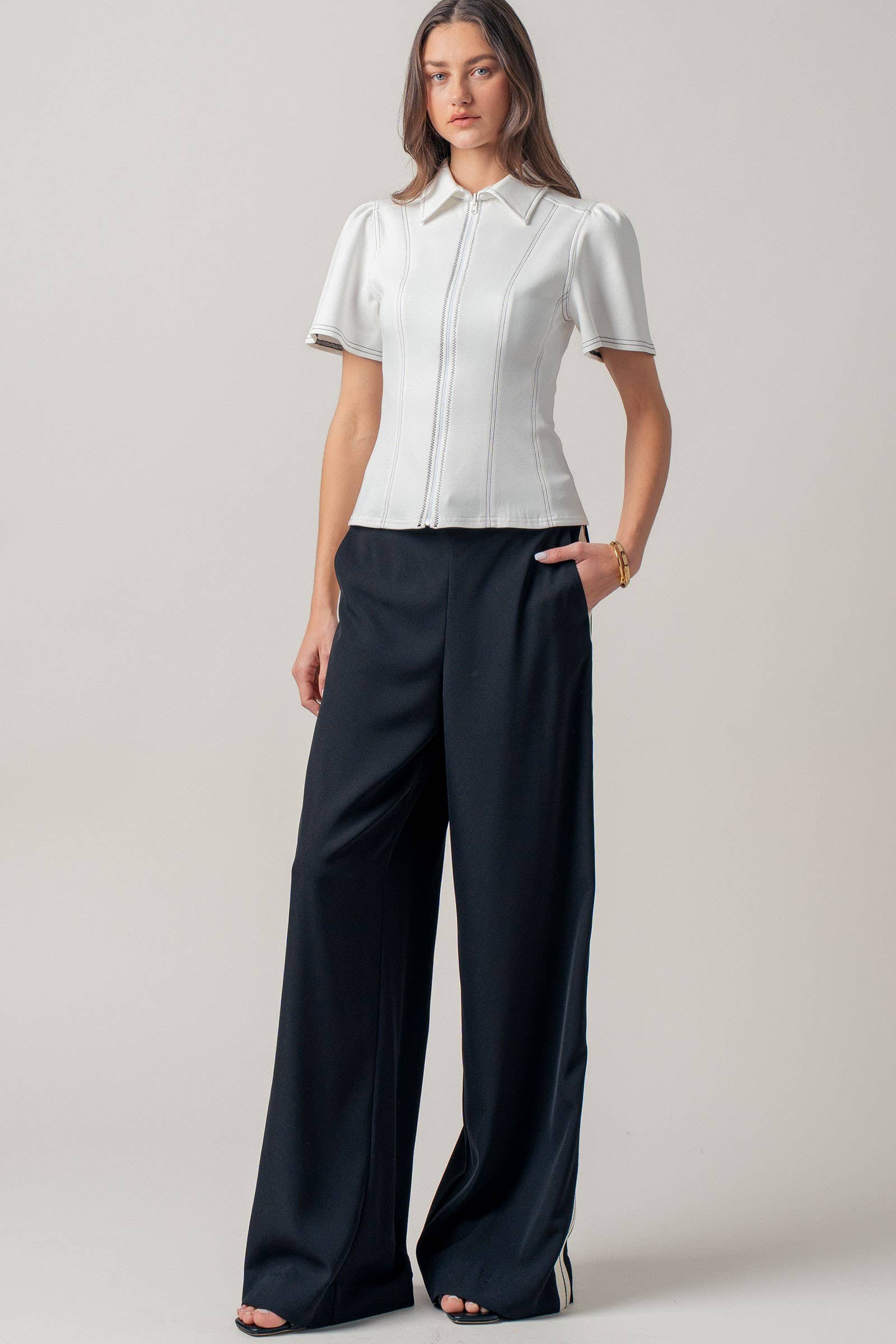 Urban Daizy Contrast Stitch Zip Front Knit Top Puff Sleeve Ivory Blouse - Women's (UDZ-TP-01058) – alternate view 9