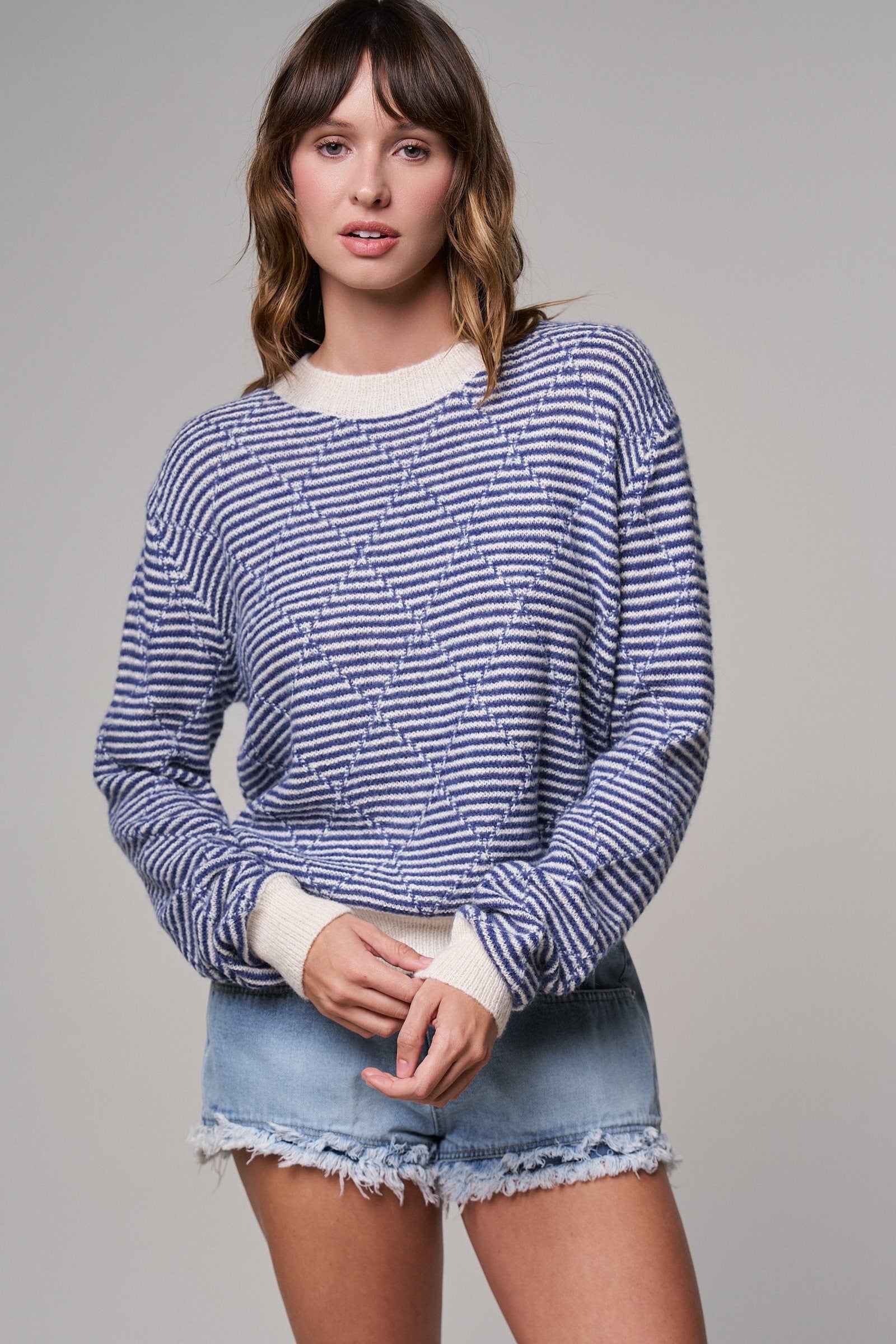 Diamond Textured Stripe Knit Sweater in NAVY - Women's Sweaters | Urban Daizy