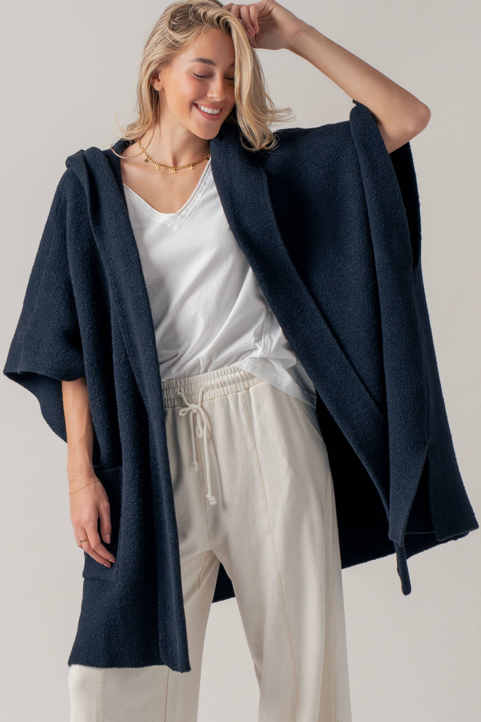 Oversized Cozy Hooded Open Front Knit Poncho