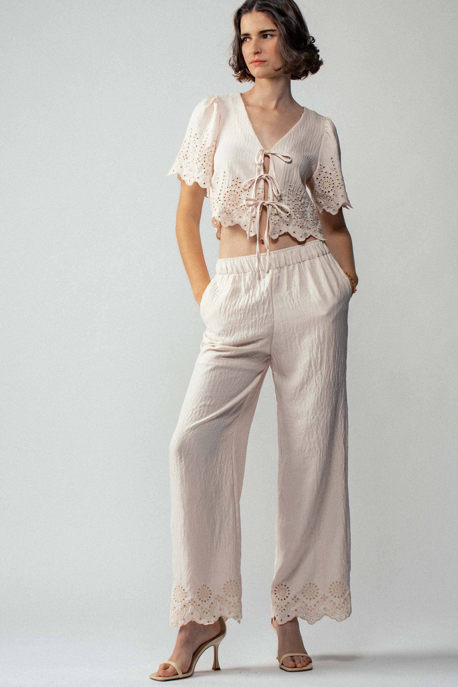 Urban Daizy Embroidered Eyelet Flutter Sleeve Top and Wide Leg Pants Natural Top & Pant Set (NOT Loungewear) - Women's (UDZ-PT-00354)