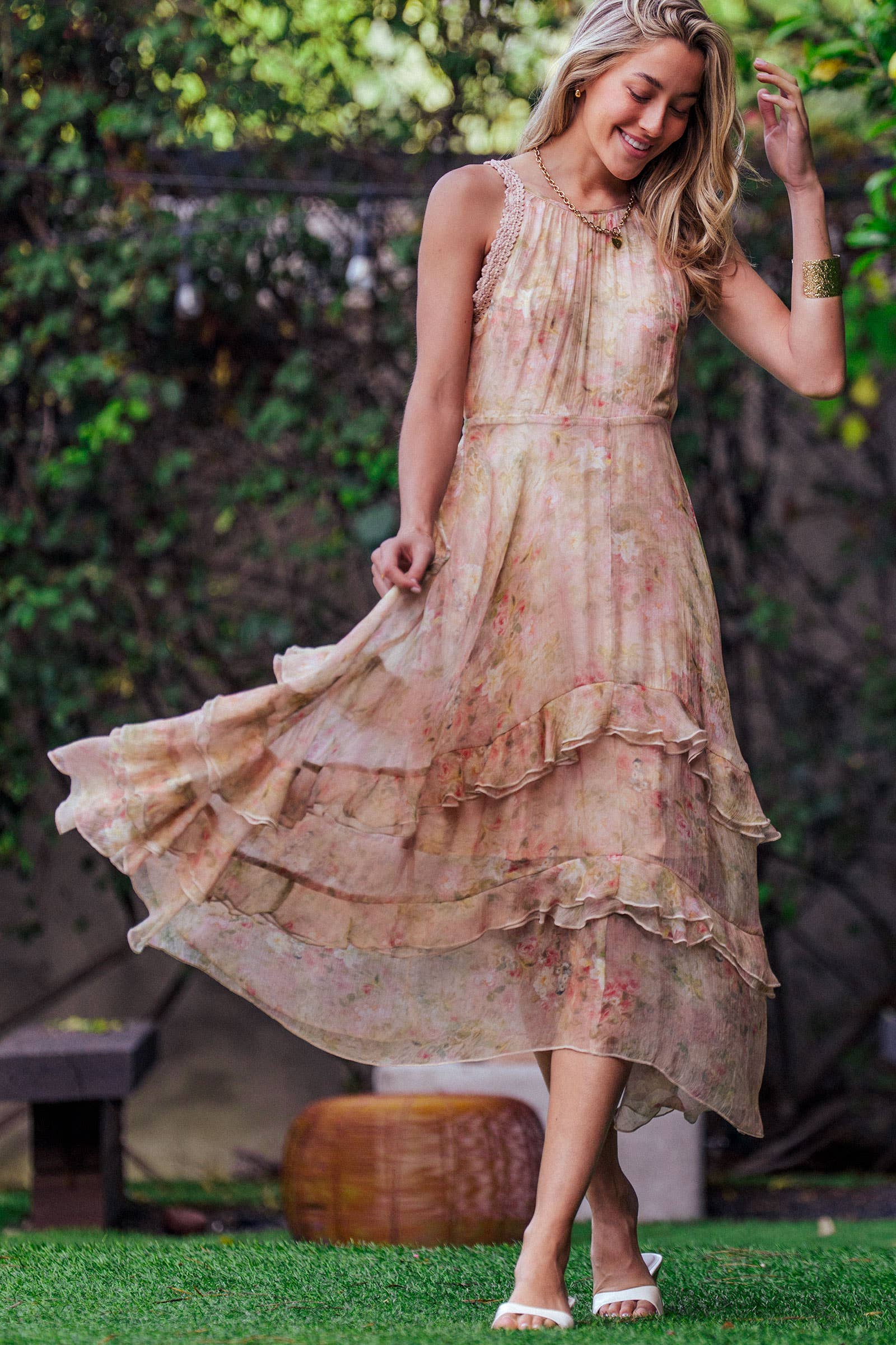 Floral Waterfall Ruffle Midi Dress Crochet Trim