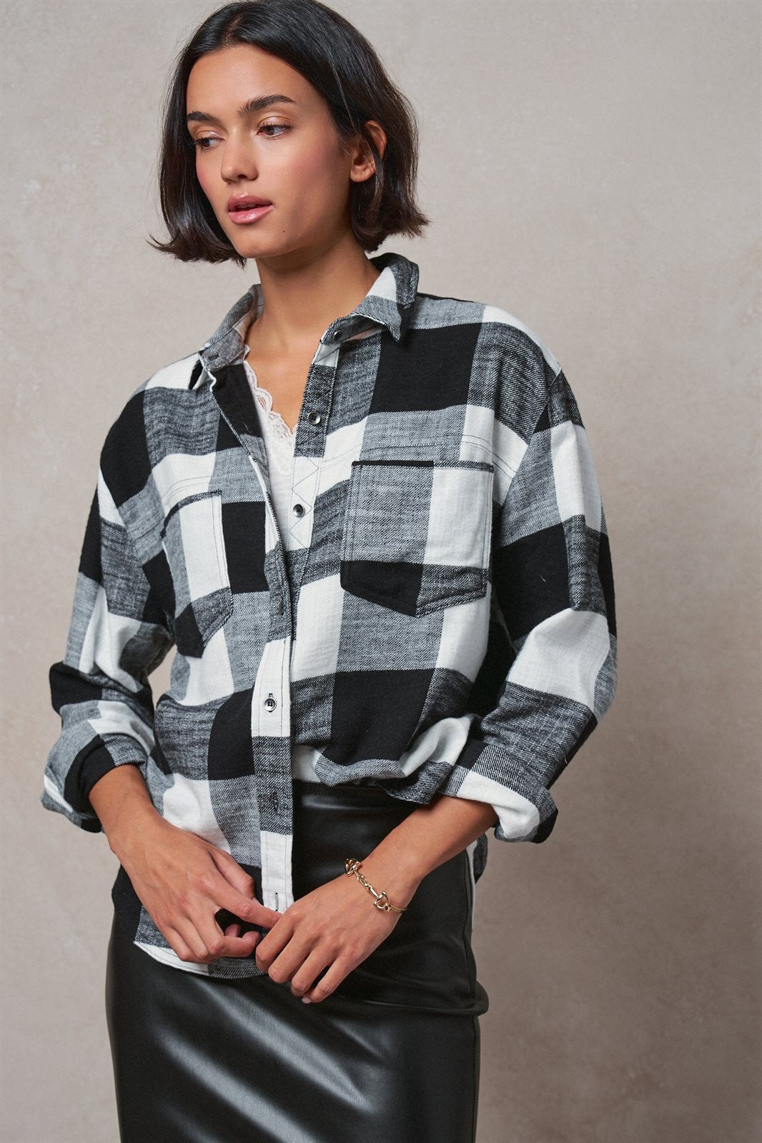 Buffalo Plaid Flannel Shirt Button Up Western Boho Top in BLACK - Women's Shirts & Blouses | Urban Daizy
