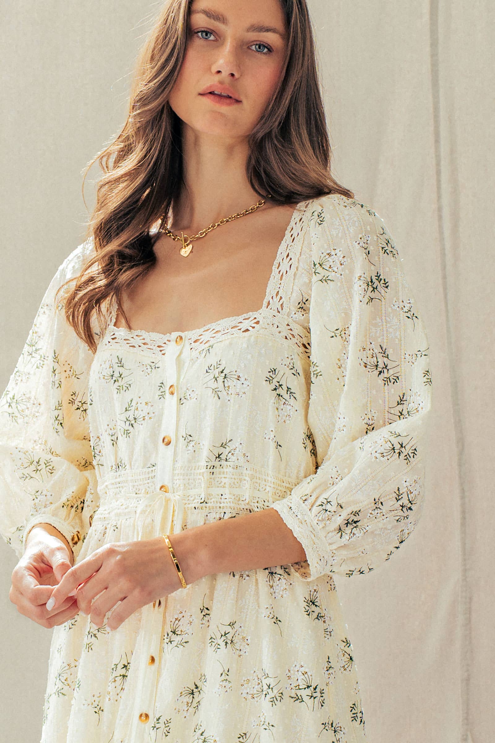 Floral Print Crochet Trim Balloon Sleeve Maxi Dress