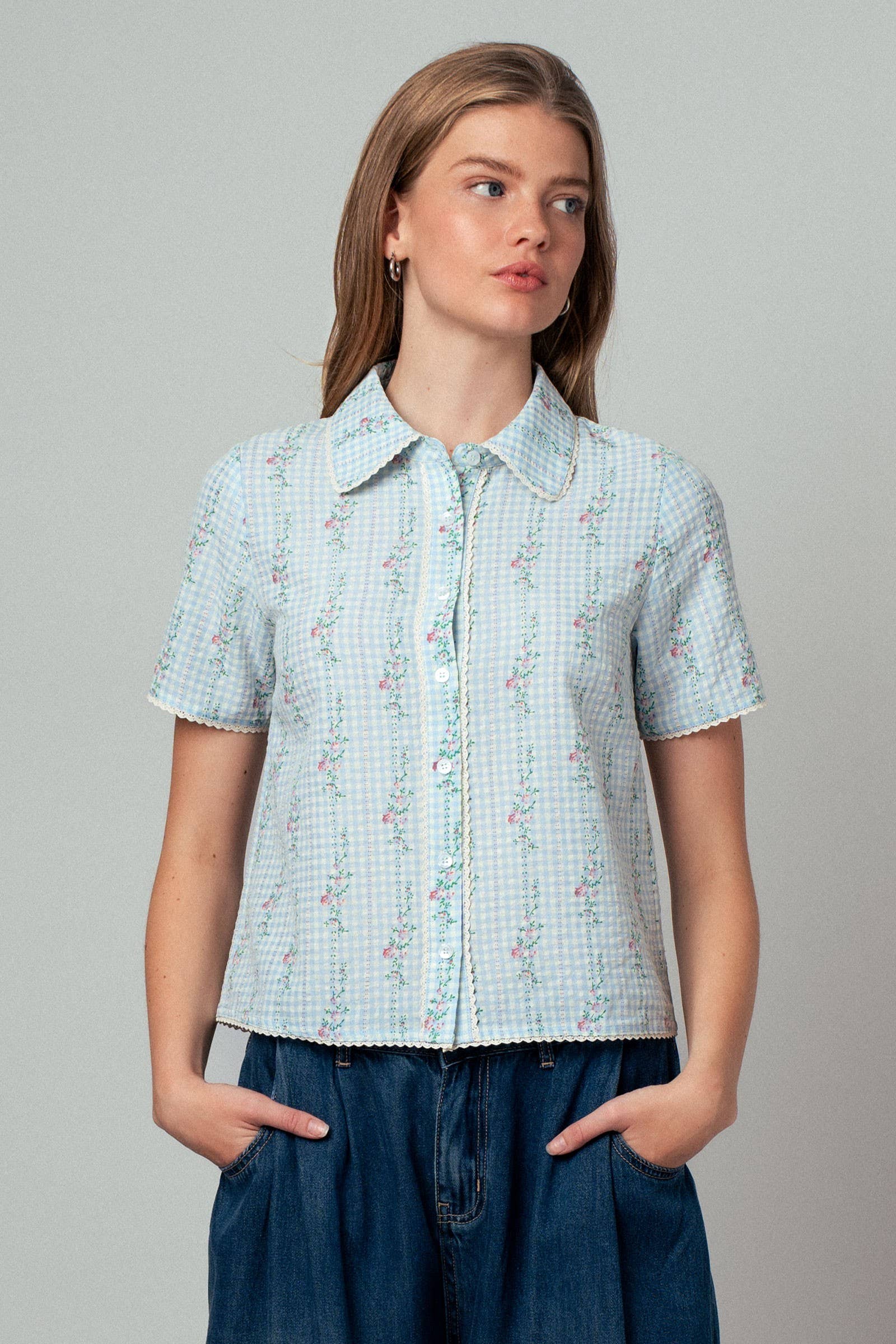 Gingham Floral Lace Trim Peter Pan Collar Shirt