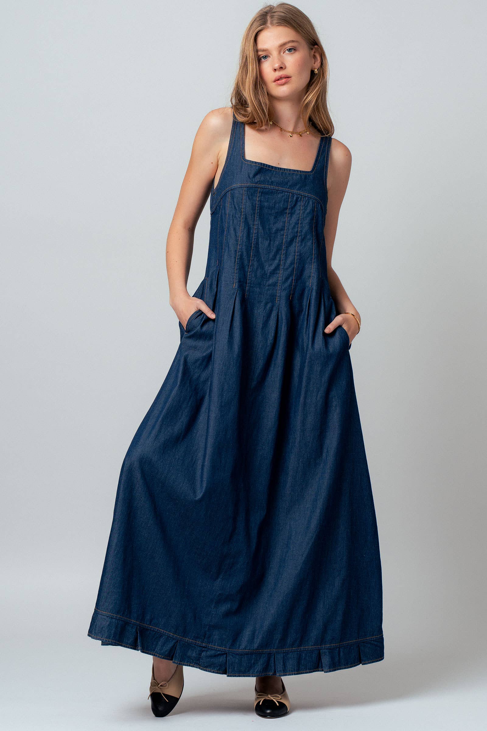 Smocked Back Denim Maxi Dress