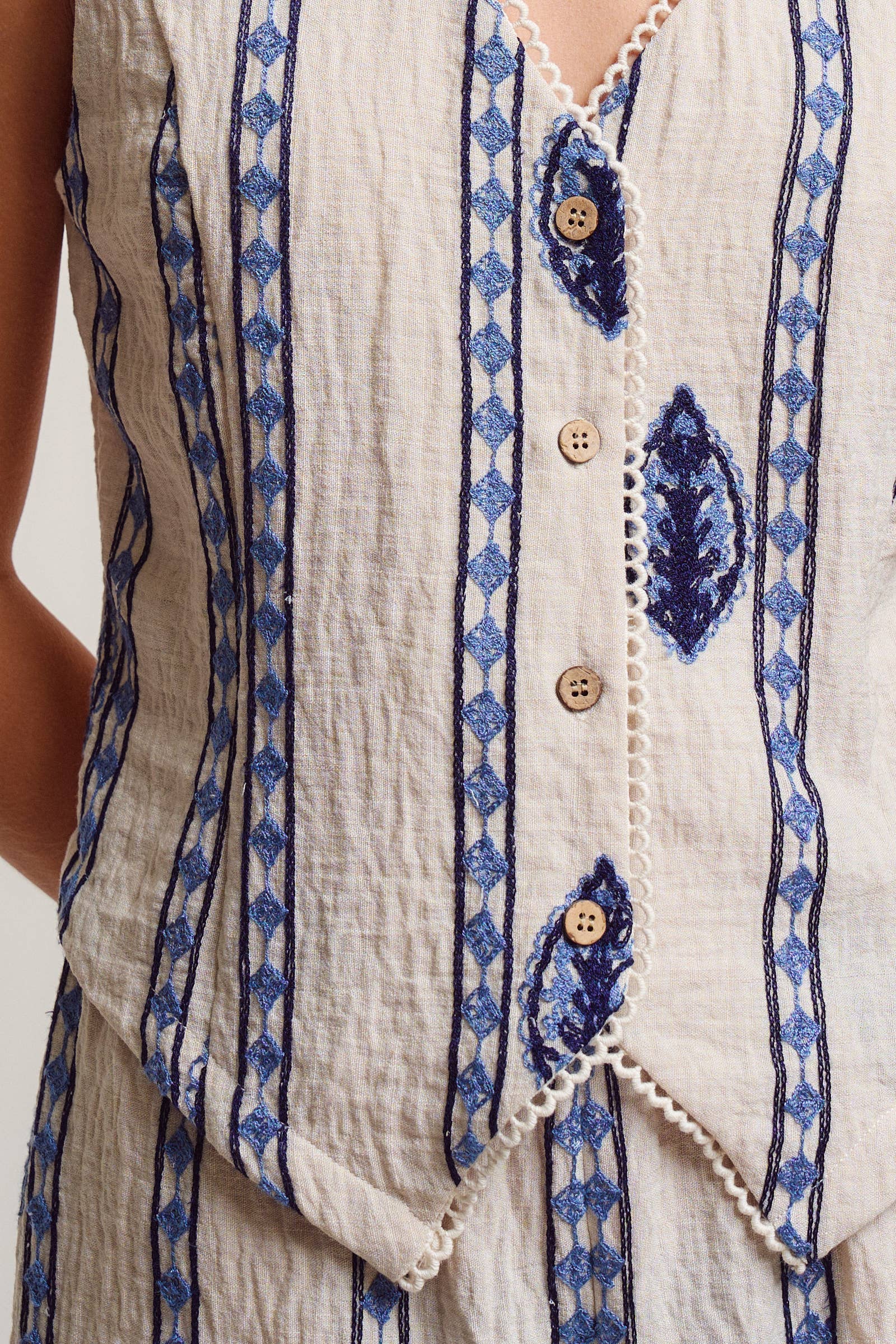 Blue Embroidered Linen Blend Button Front Vest