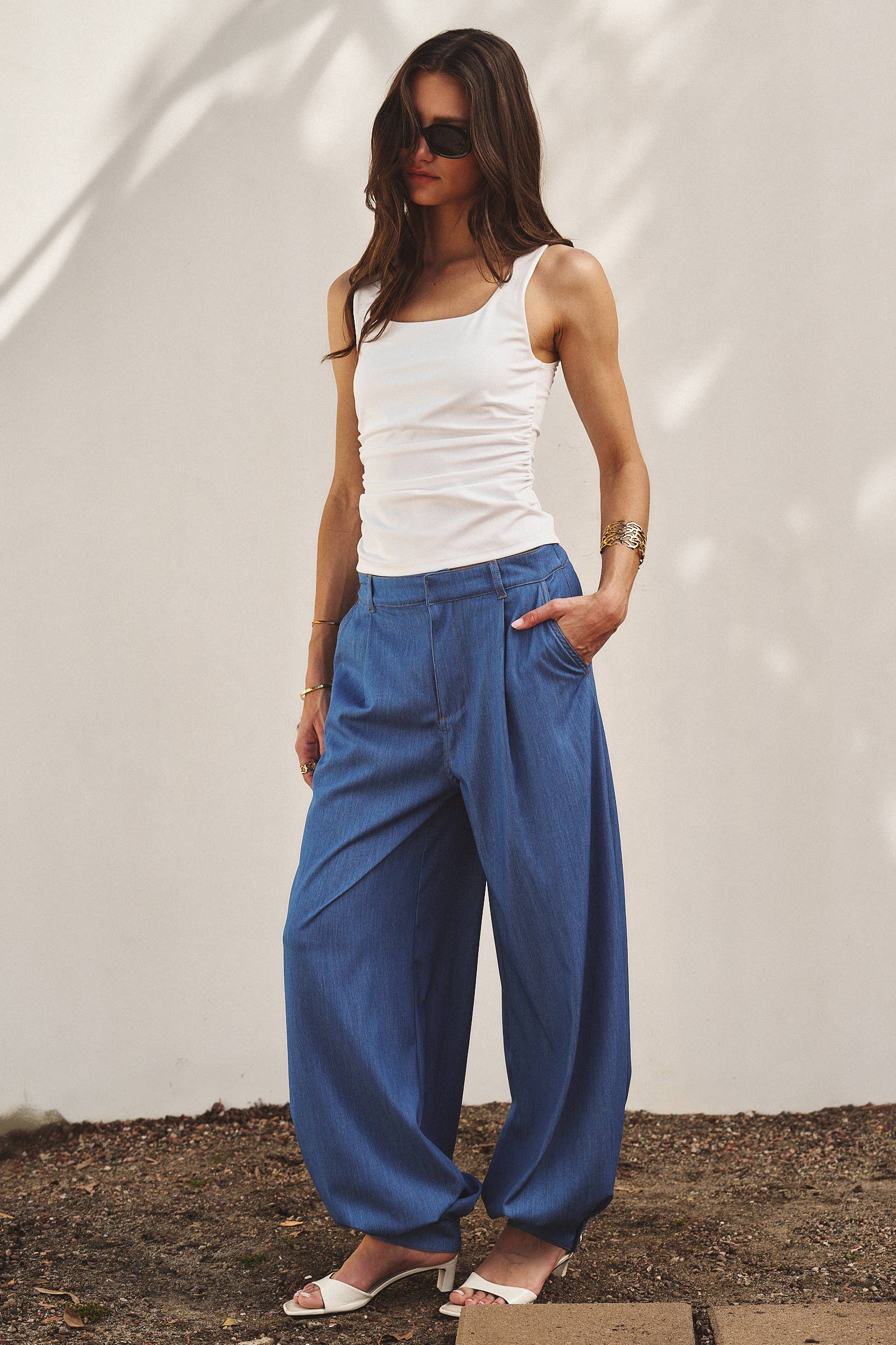 Urban Daizy Soft Chambray Wide Leg Barrel Pants Blue Pants - Women's (TNPT0819-Blue) – alternate view 6