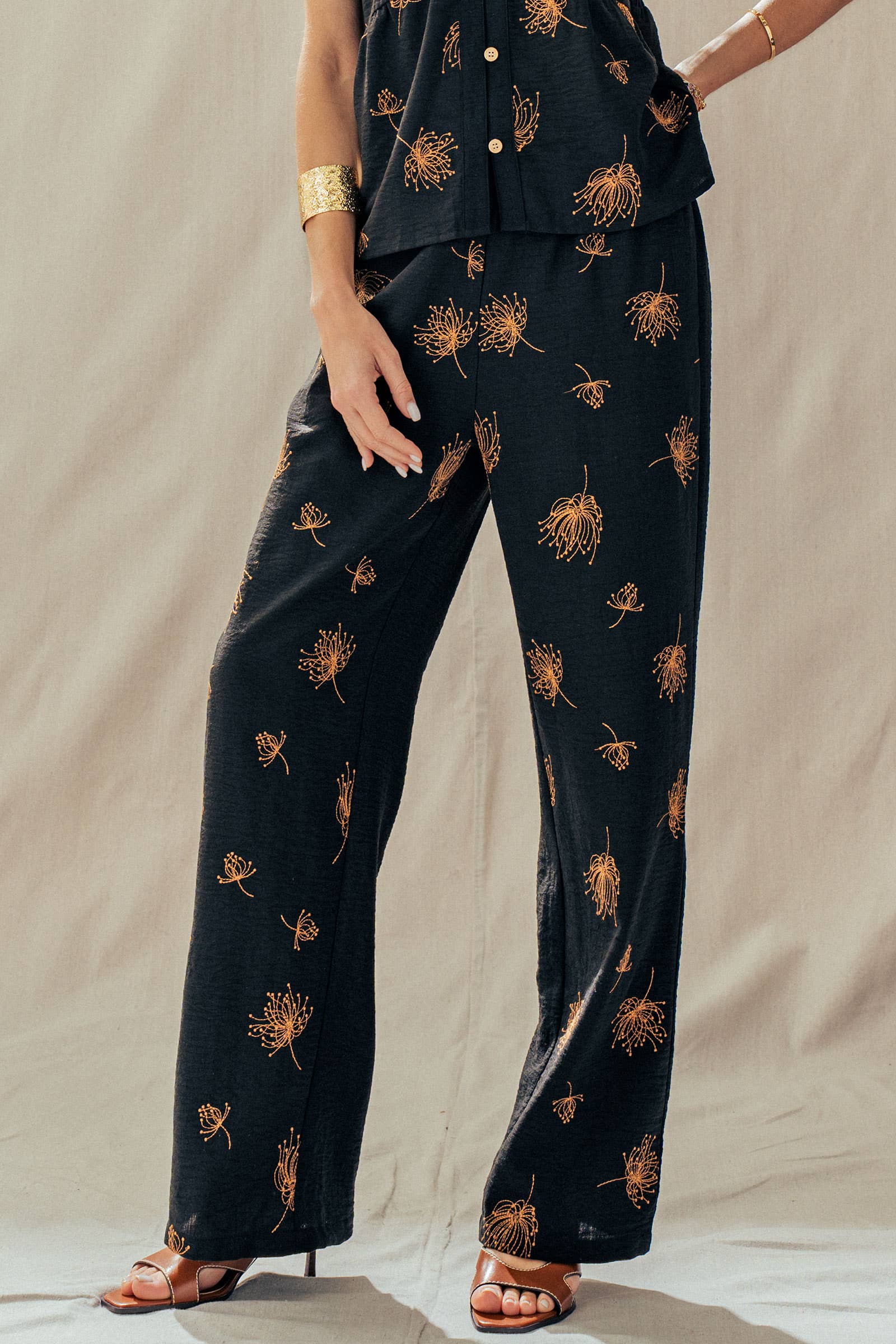 Floral Print Wide-Leg Linen Blend Pants
