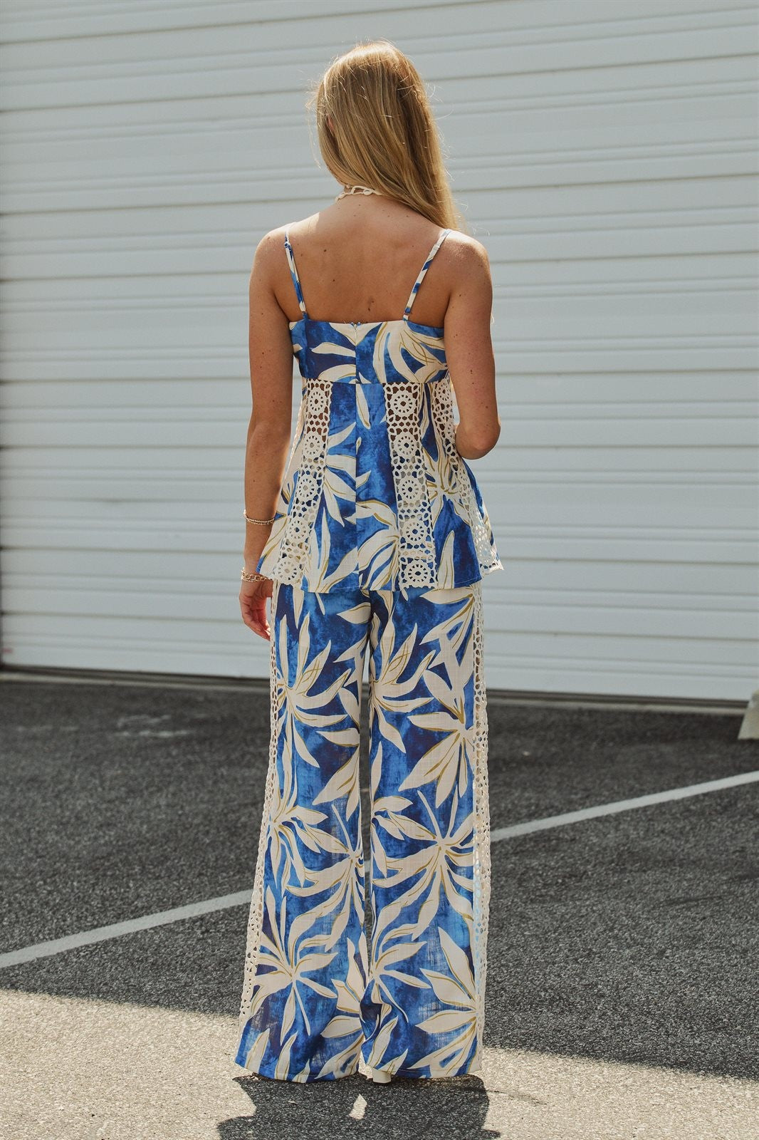 Satin Wide-Leg Pants Set with Crop Top in BLUE/IVORY - Women's Pants Sets | Urban Daizy