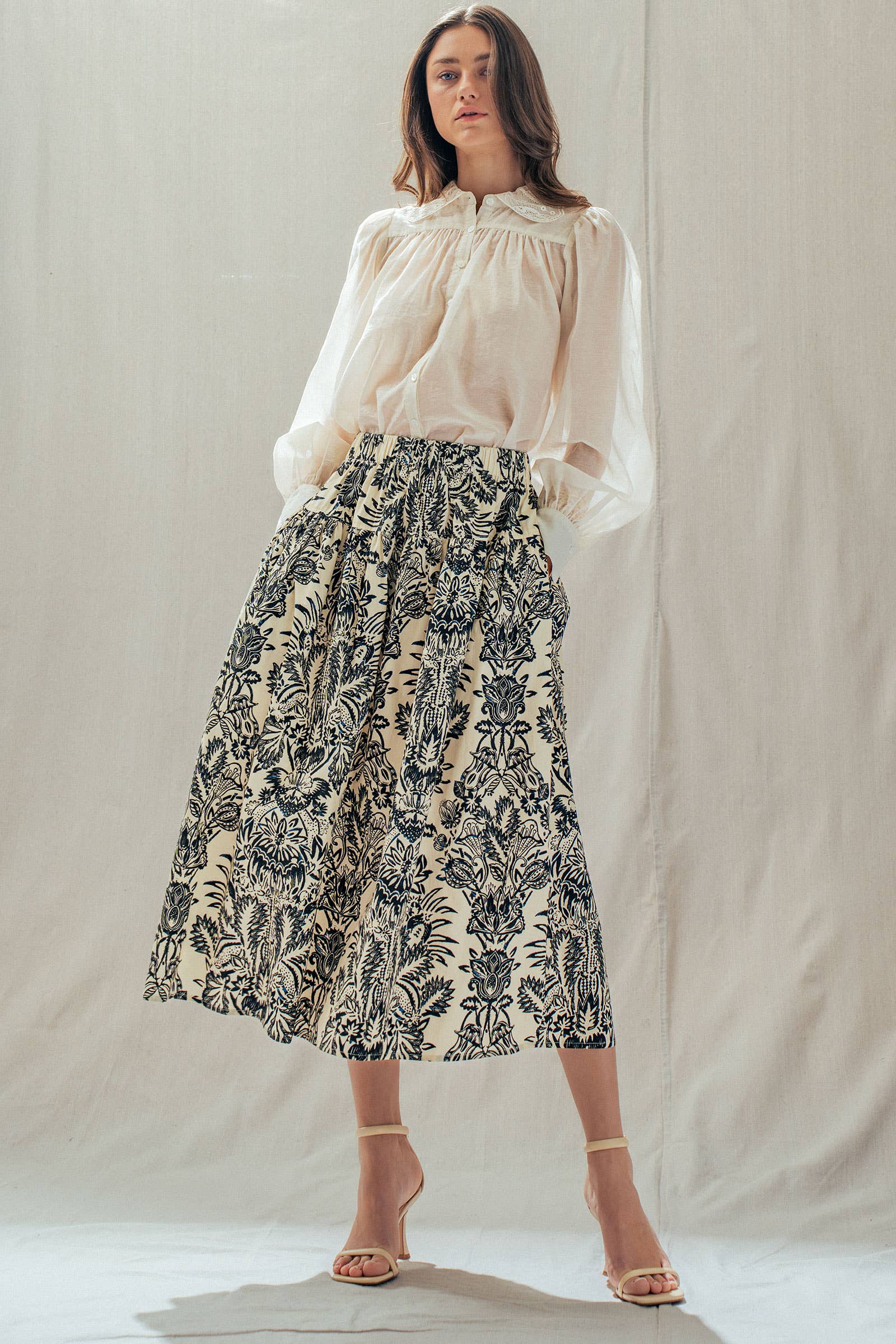 Urban Daizy Botanical Print Cotton Midi Skirt with Pockets Ivory-Black Skirt - Women's (UDSK0102) – alternate view 8