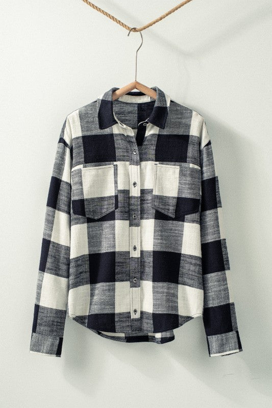 Buffalo Plaid Flannel Shirt Button Up Western Boho Top in BLACK - Women's Shirts & Blouses | Urban Daizy