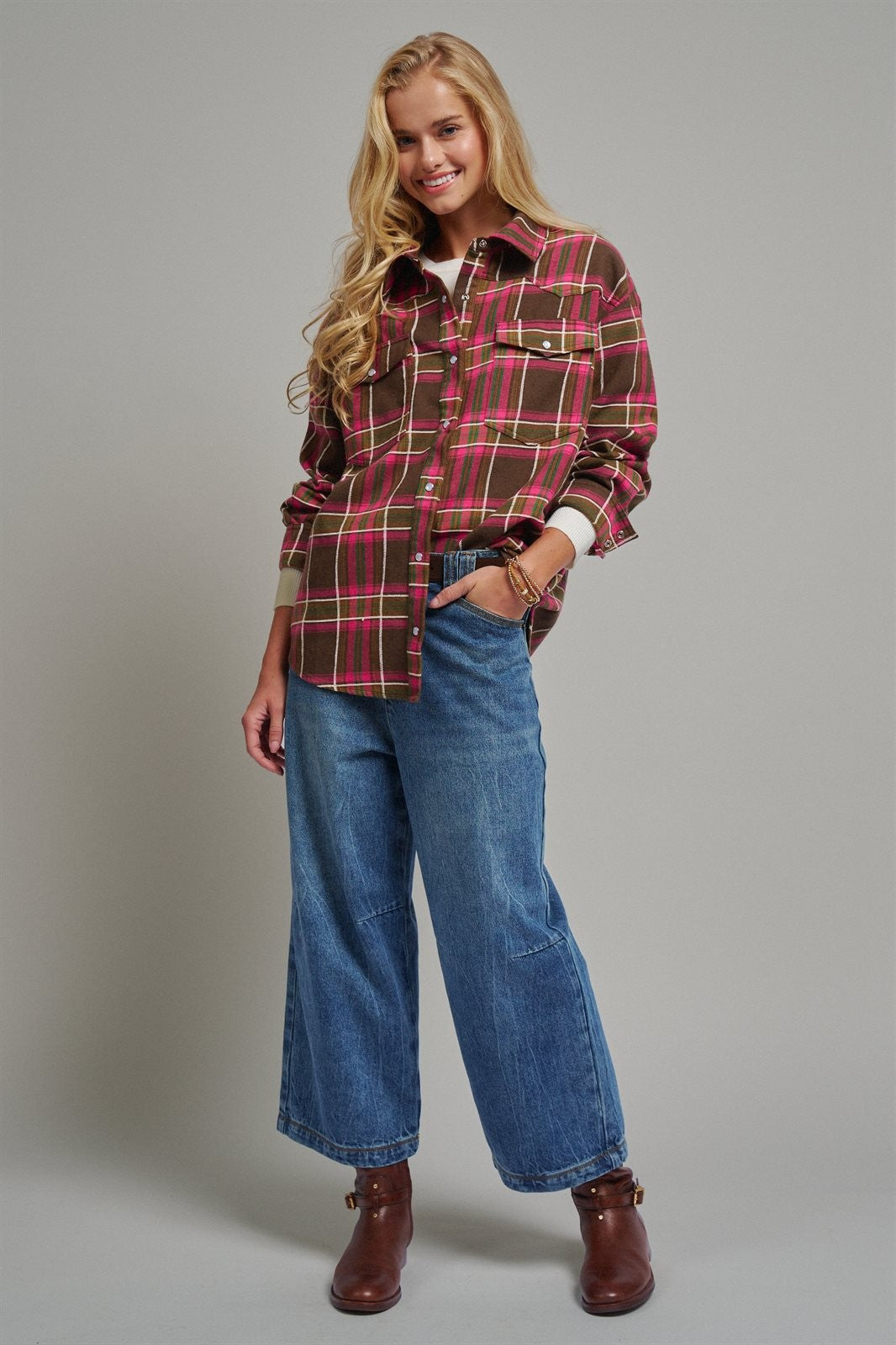 Oversized Plaid Button-Up Flannel Shirt w Pockets in BROWN MULTI - Women's Shirts & Blouses | Urban Daizy