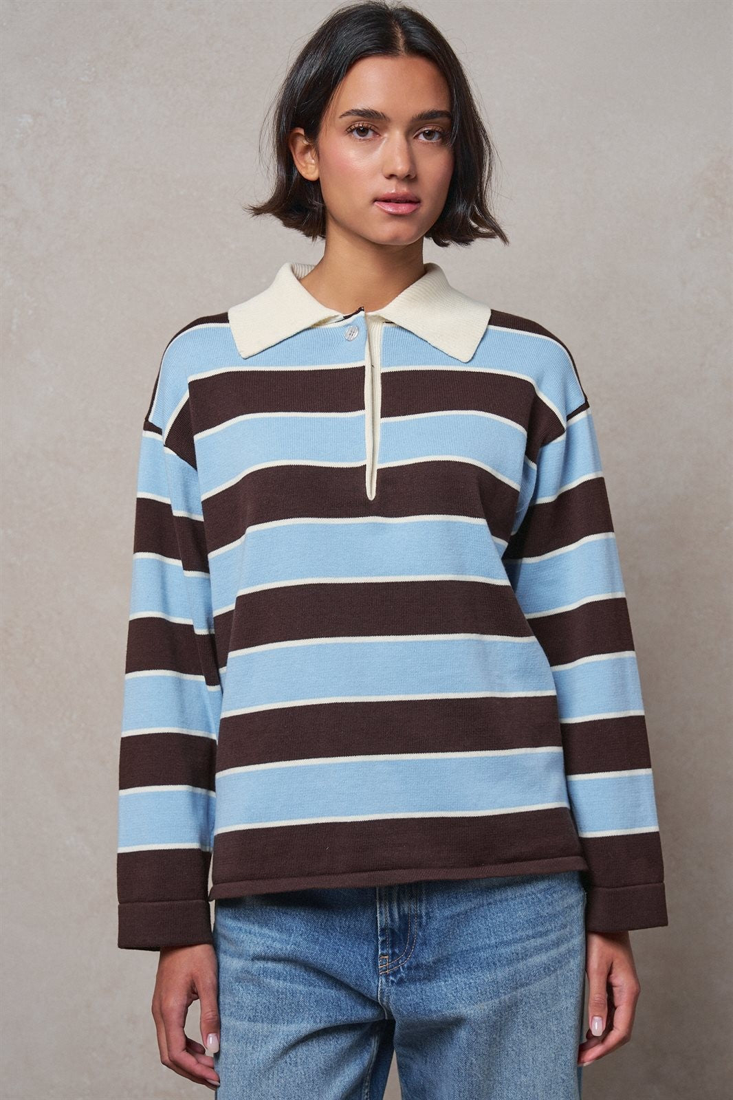 Striped Knit Rugby Polo Sweater in BROWN BLUE - Women's Sweaters | Urban Daizy