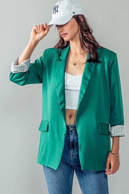 Urban Daizy Open Front Stripe Lining Long Blazer Jacket Green Blazer - Women's (UDZ-OT-00184) – alternate view 9