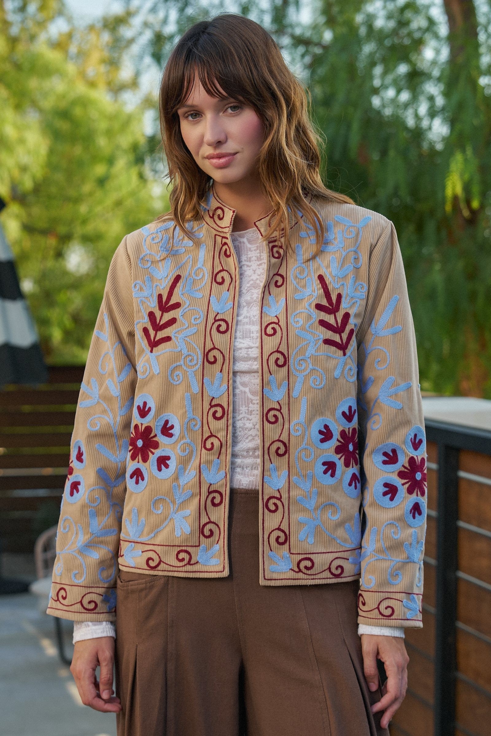 Embroidered Corduroy Jacket with Folk Floral Scroll in KHAKI - Women's Jackets & Blazers | Urban Daizy