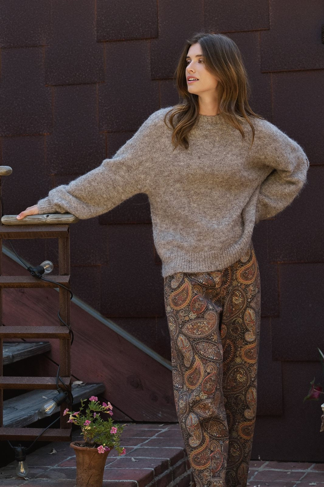 New York Sequin Letter Fuzzy Wool Blend Pullover Sweater in MOCHA - Women's Sweaters | Urban Daizy